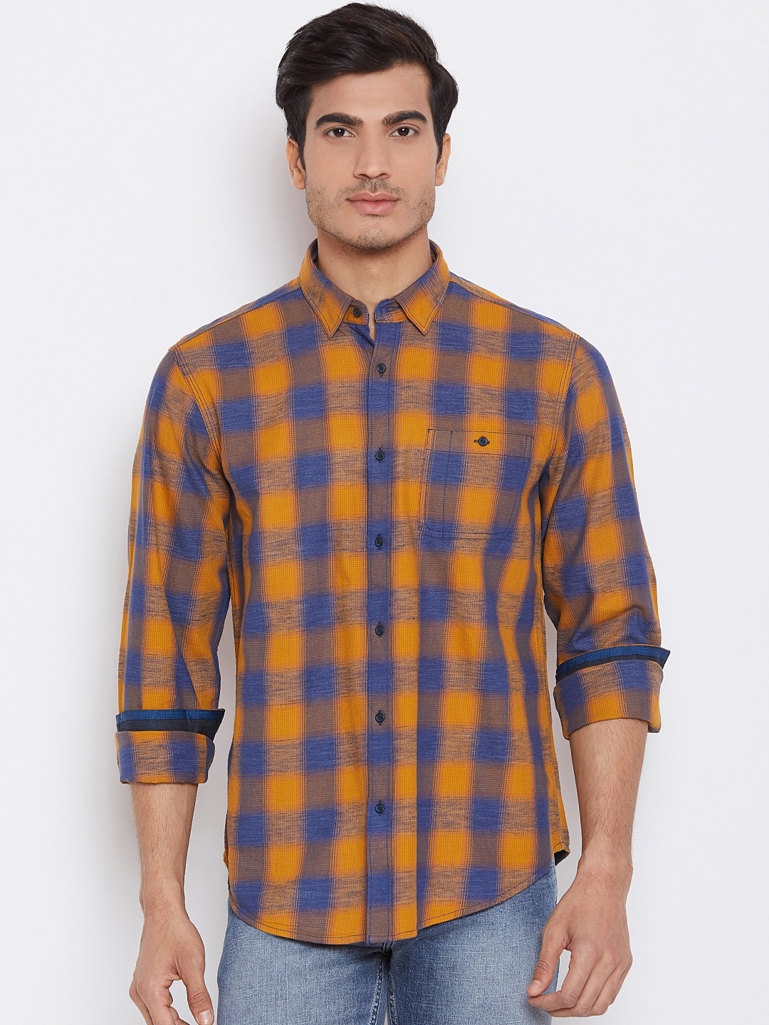 

Blackberrys Men Mustard Yellow & Navy Slim Fit Checked Casual Shirt