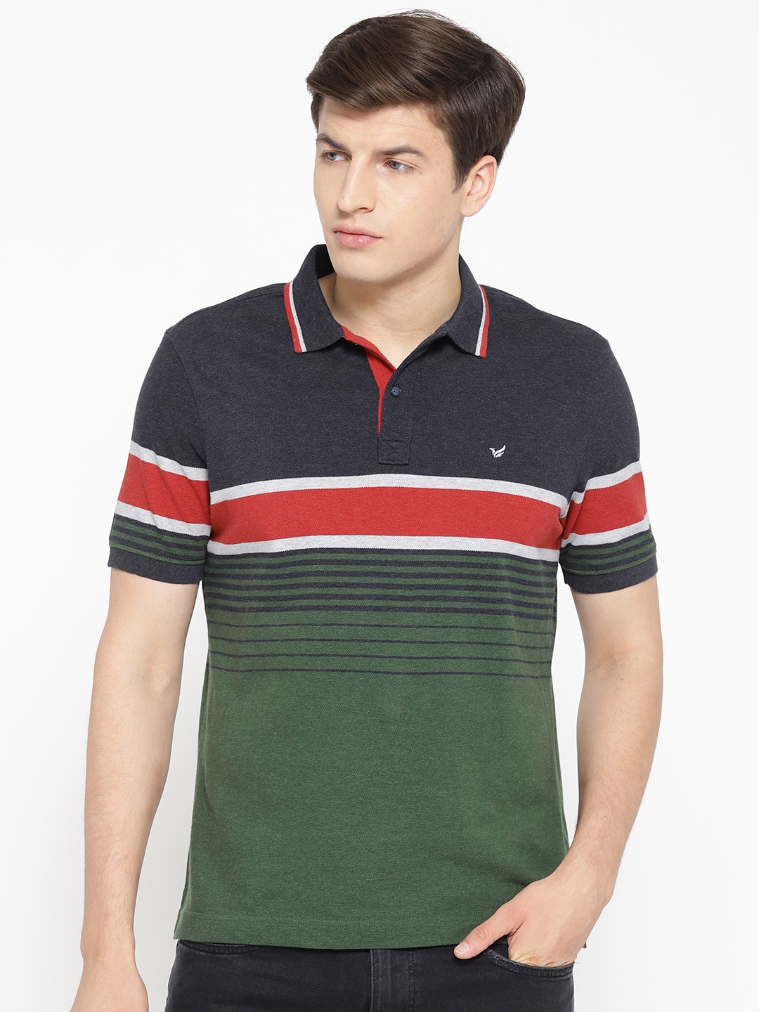 

Blackberrys Men Navy Blue Striped Polo Collar T-shirt