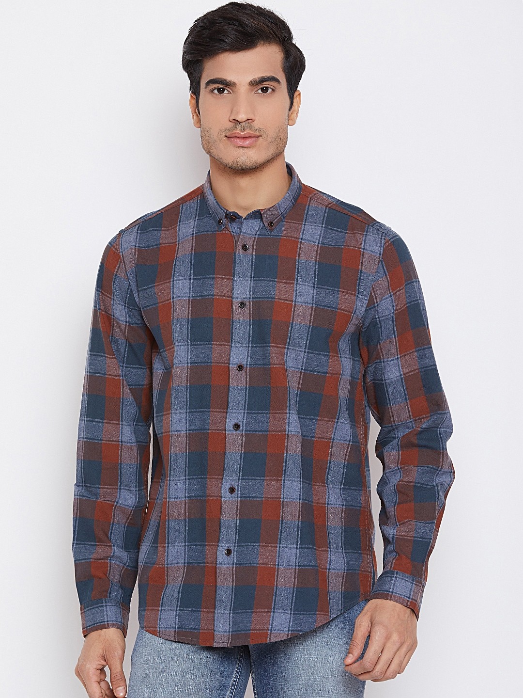

Blackberrys Men Blue & Rust Brown Slim Fit Checked Casual Shirt