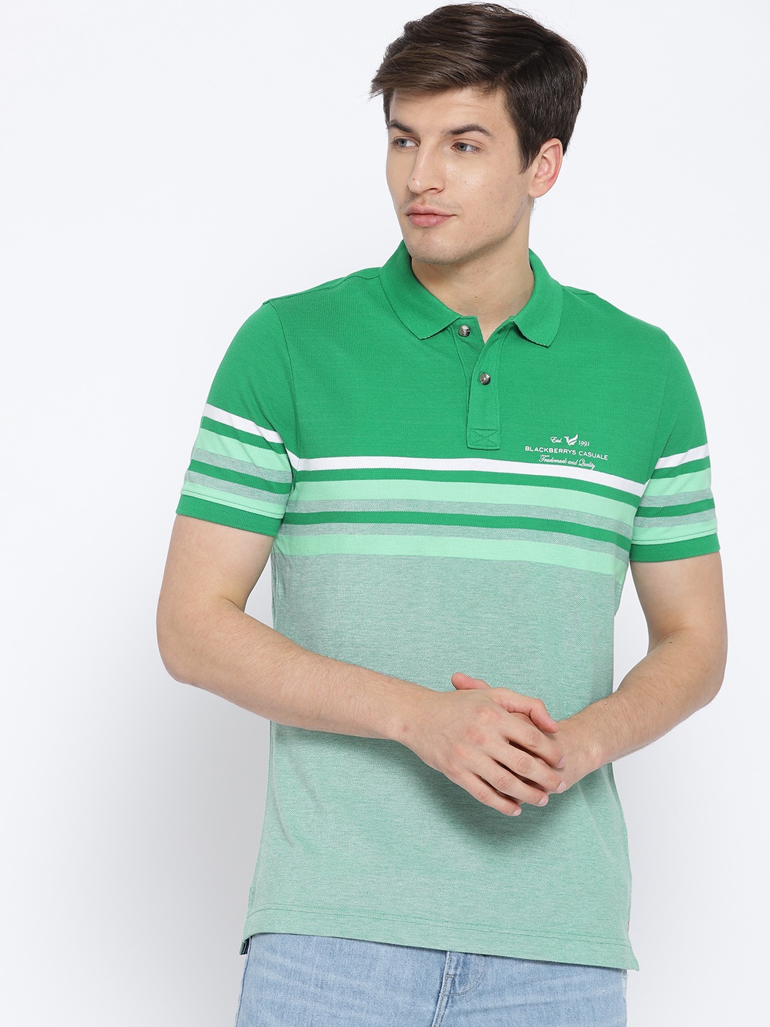 

Blackberrys Men Green Striped Polo Collar T-shirt