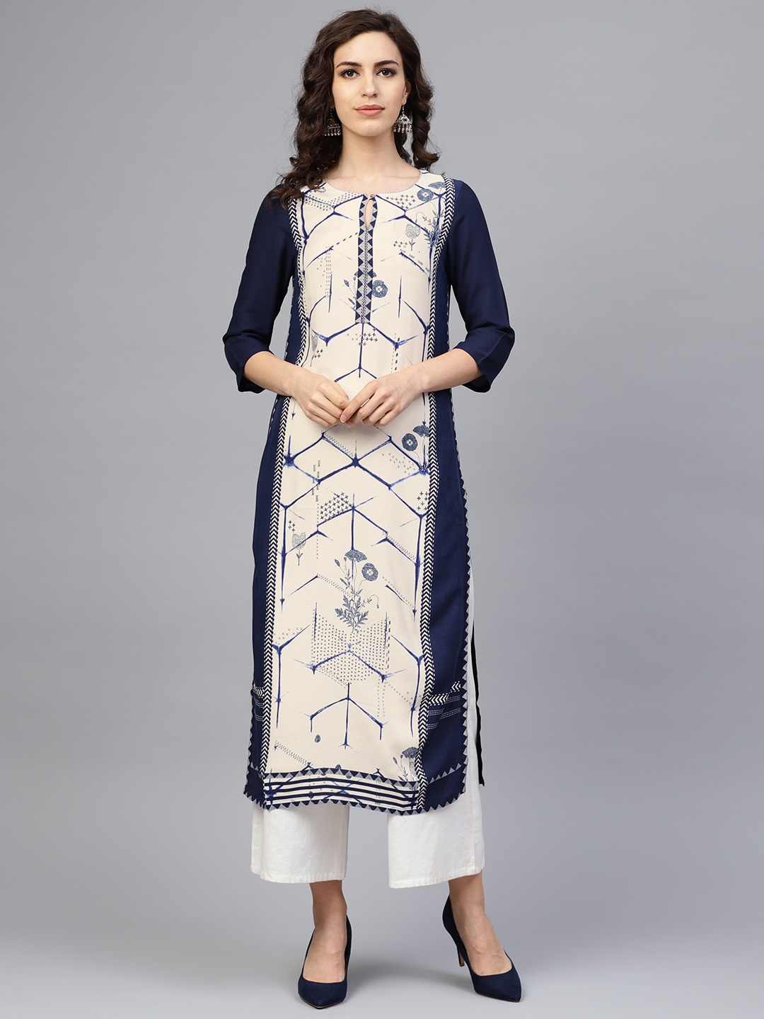 

W Women Off-White & Navy Blue Printed Straight Kurta