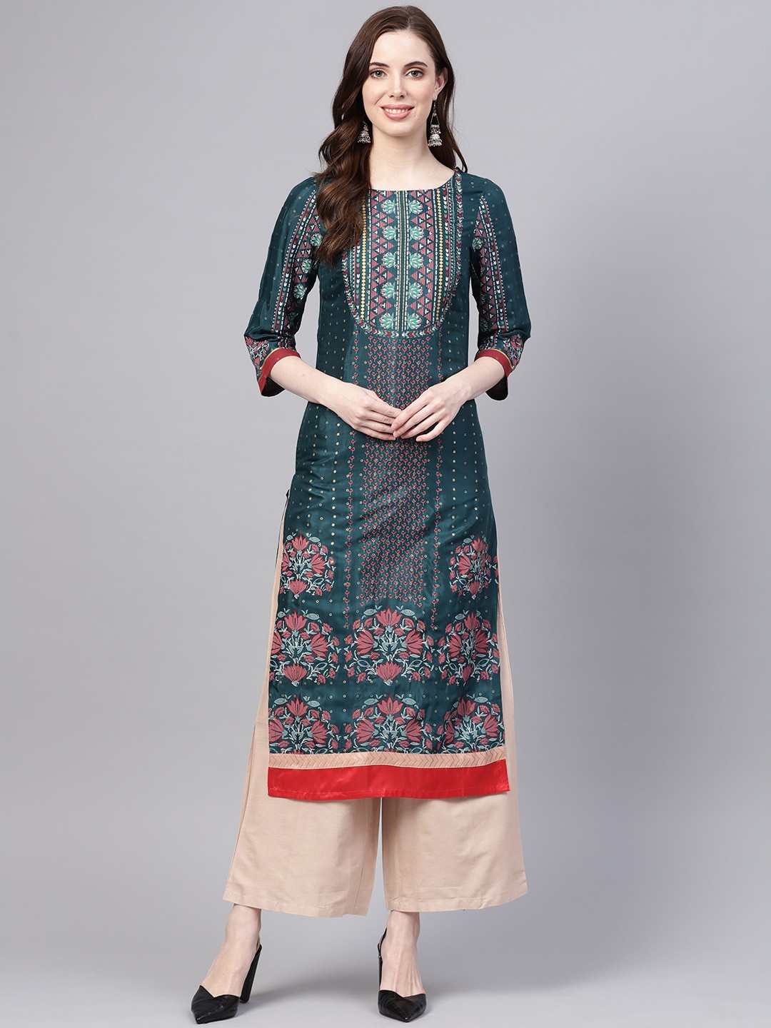 

W Women Teal Green & Peach-Coloured Printed Straight Kurta