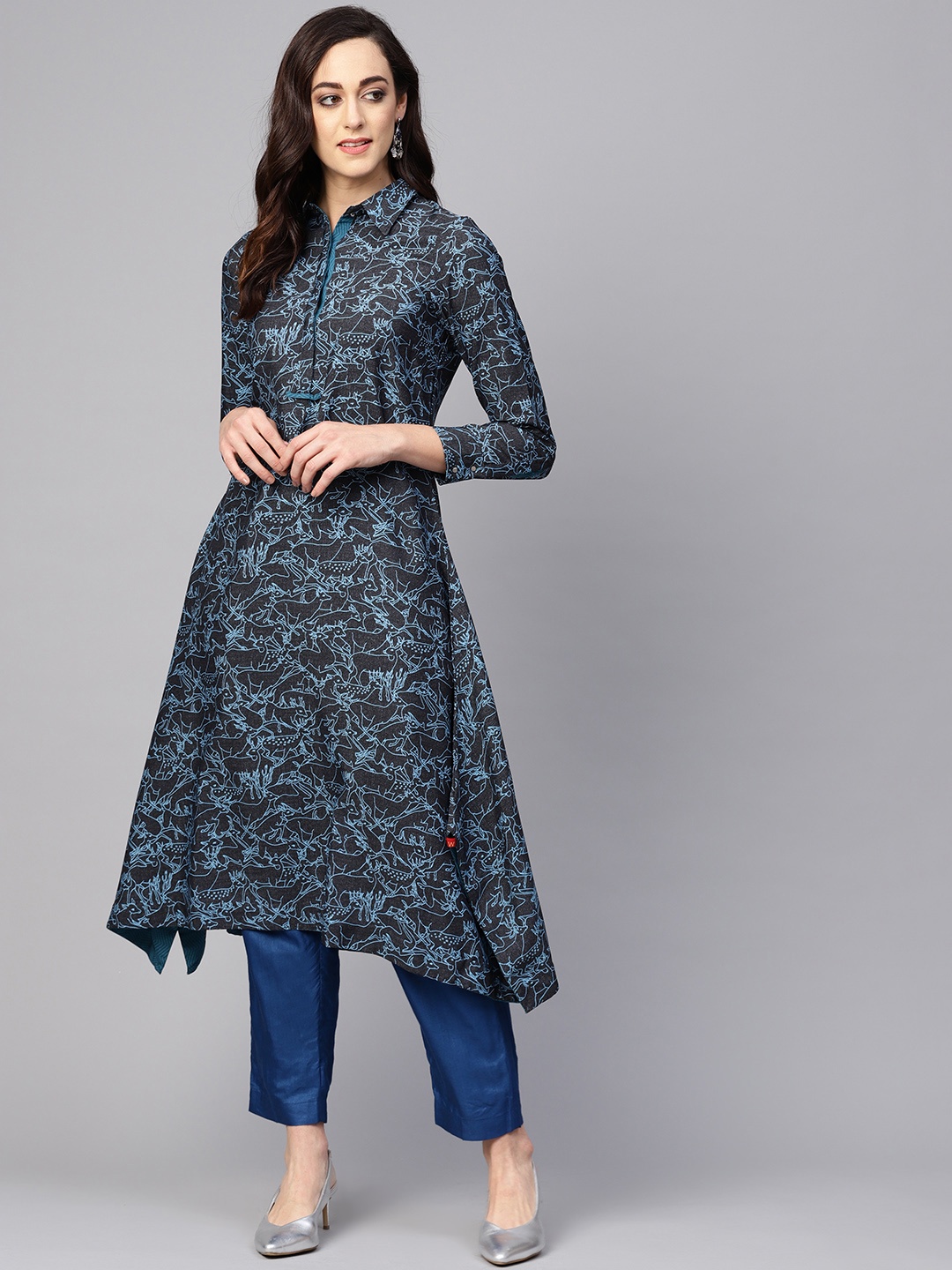 

W Women Charcoal Grey & Blue Printed Asymmetric A-Line Kurta