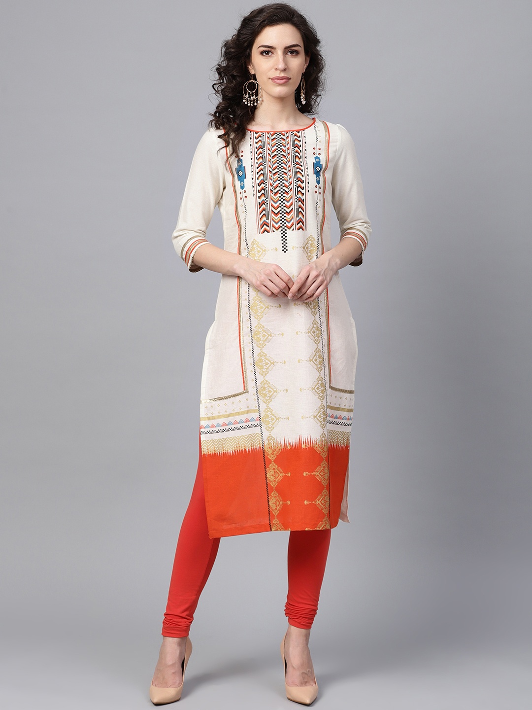 

W Women Off-White & Orange Printed Straight Kurta