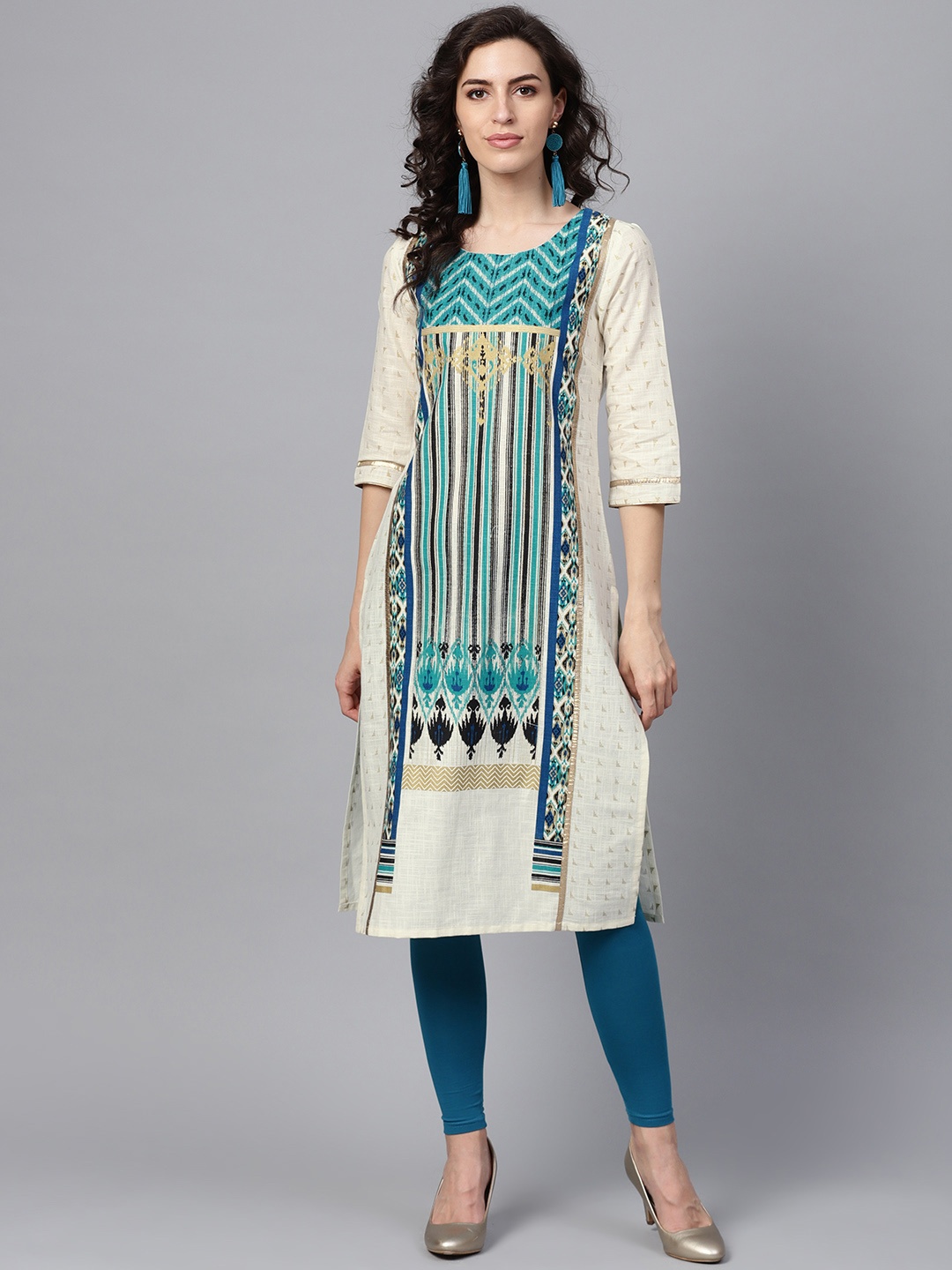 

W Women Off-White & Blue Printed Straight Kurta