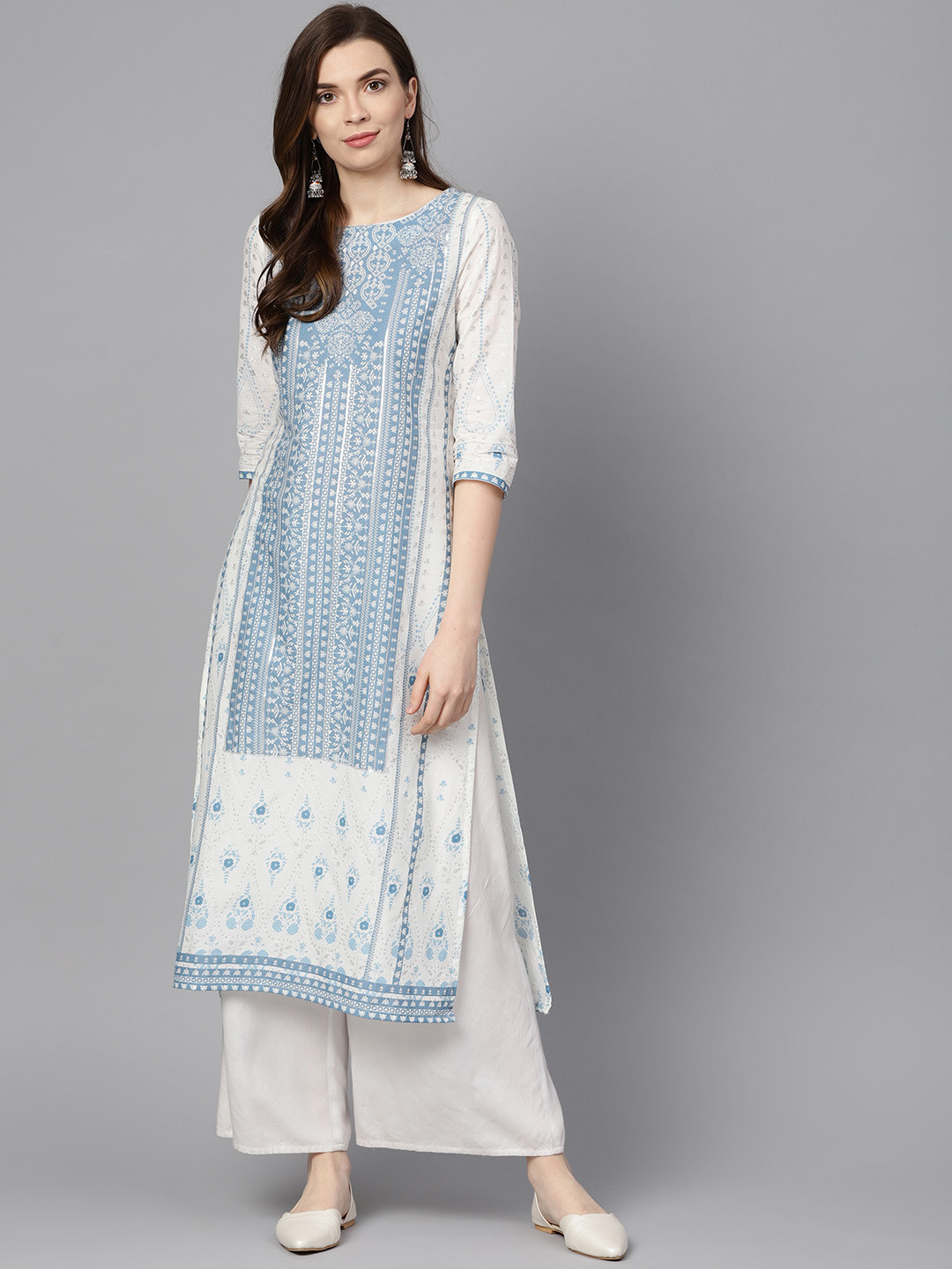 

W Women White & Blue Printed Straight Kurta