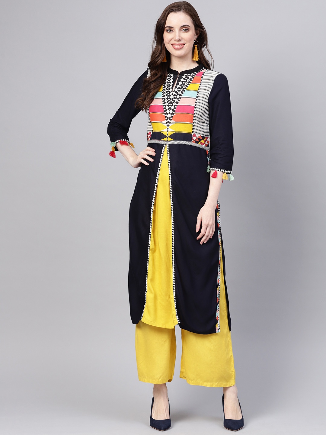 

W Women Navy Blue & Mustard Yellow Yoke Design Straight Kurta