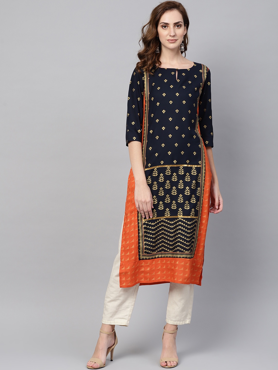 

W Women Navy & Orange Printed Straight Kurta, Navy blue