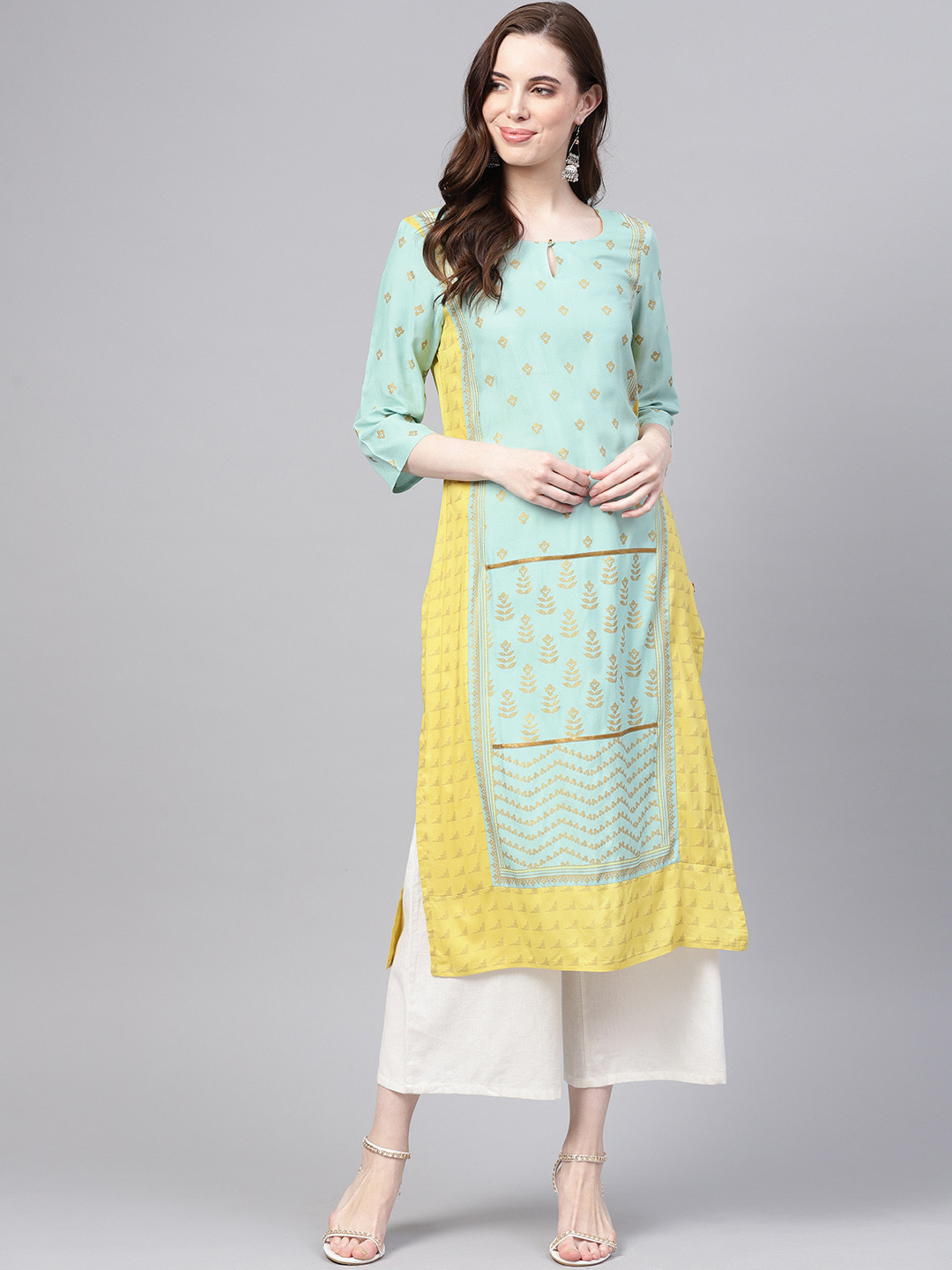 

W Women Green & Yellow Printed Panelled Straight Kurta