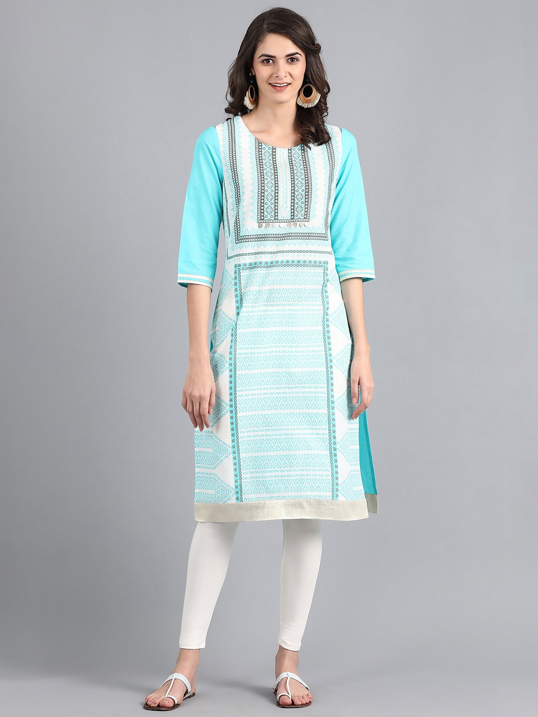 

W Women Blue & White Printed Straight Kurta