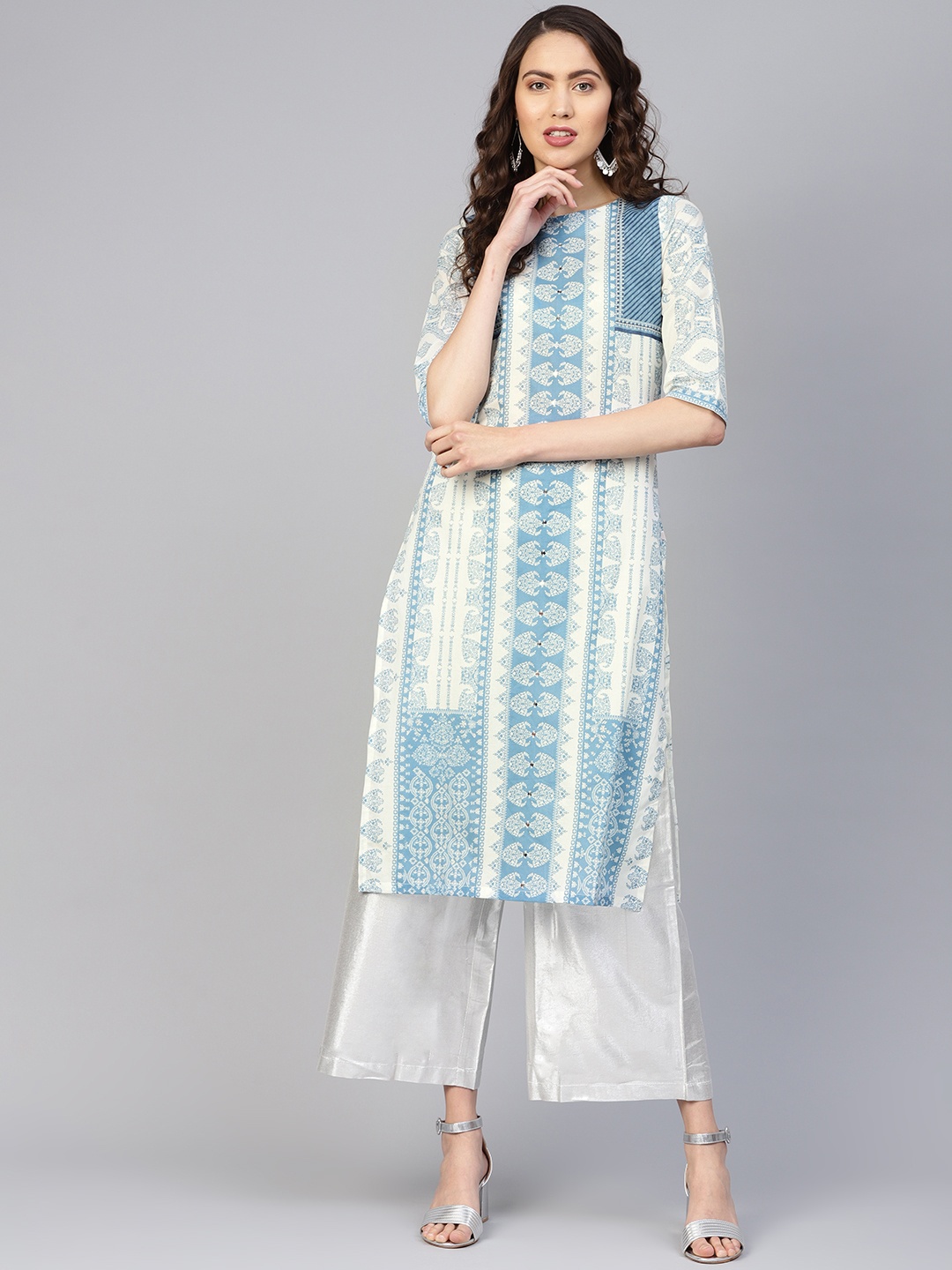 

W Women White & Blue Printed Straight Kurta