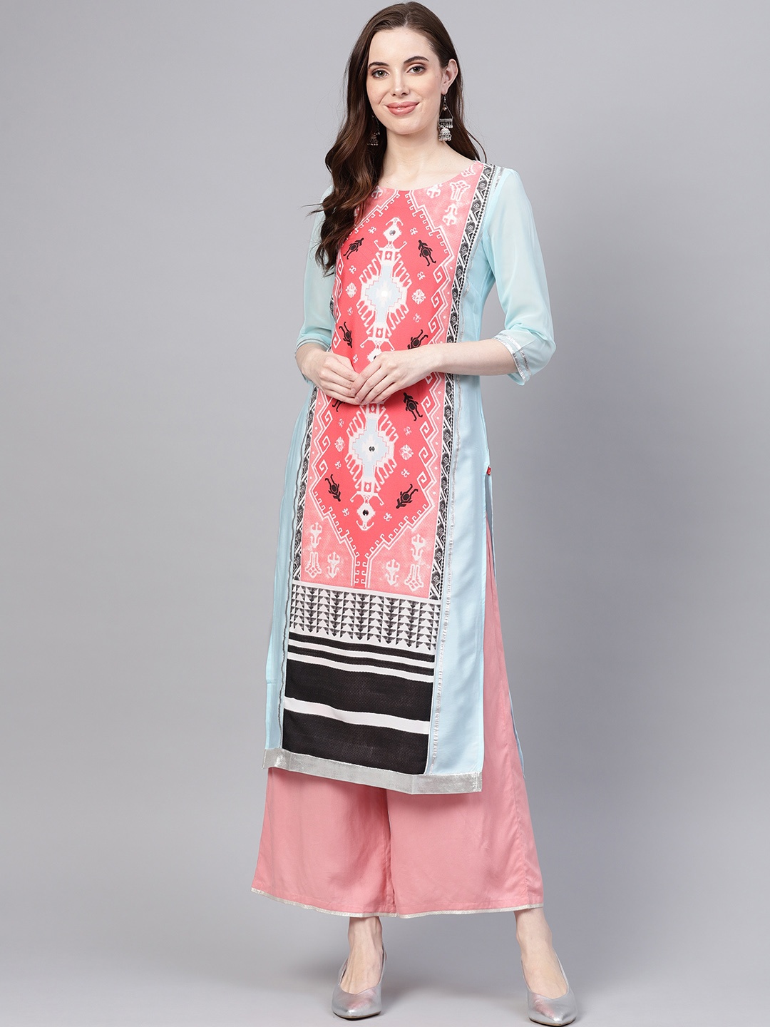 

W Women Coral Pink & Blue Printed Panelled Straight Kurta