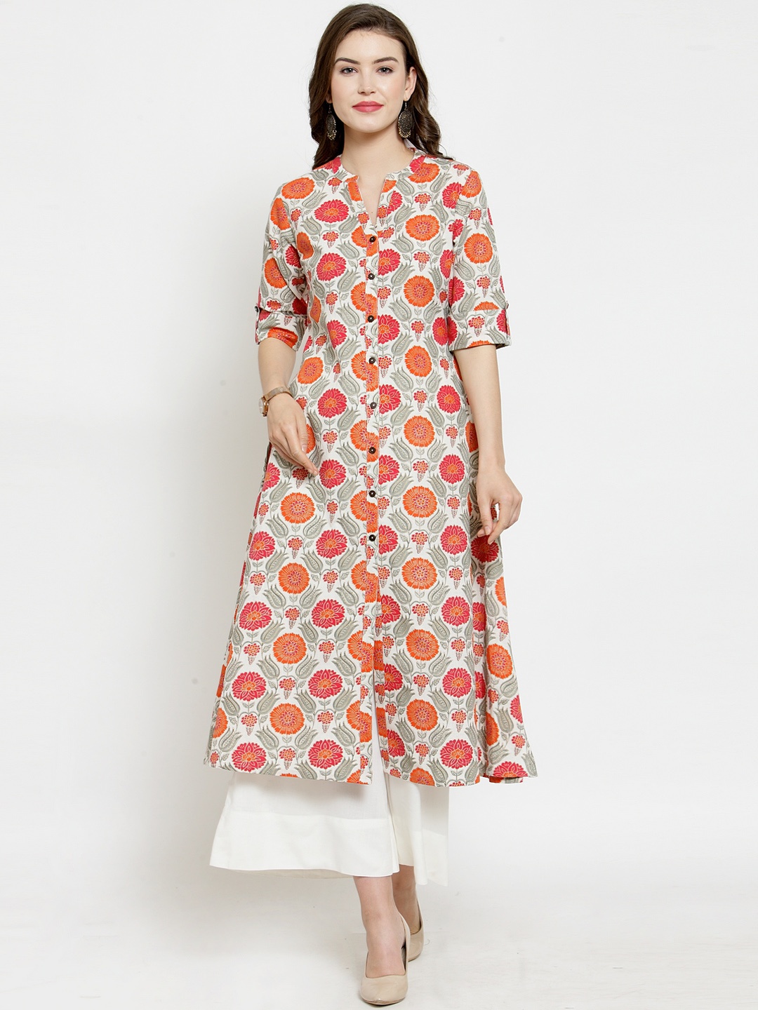 

Varanga Women Grey & Orange Printed Kurta with Palazzos