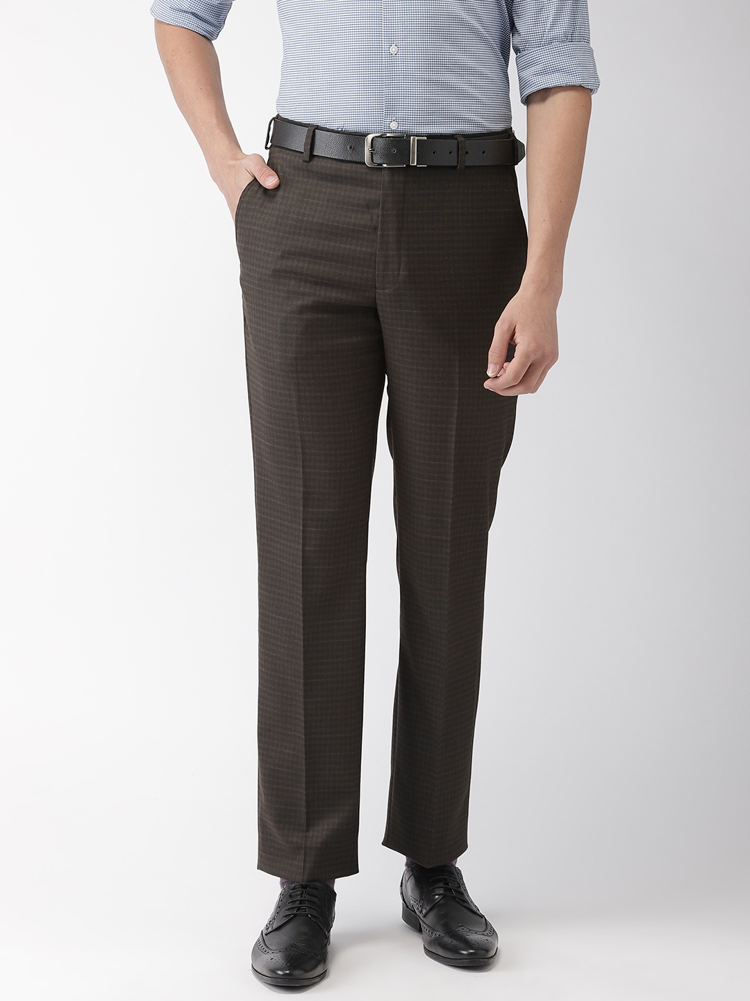 

Park Avenue Men Brown Smart Slim Fit Self Checked Formal Trousers