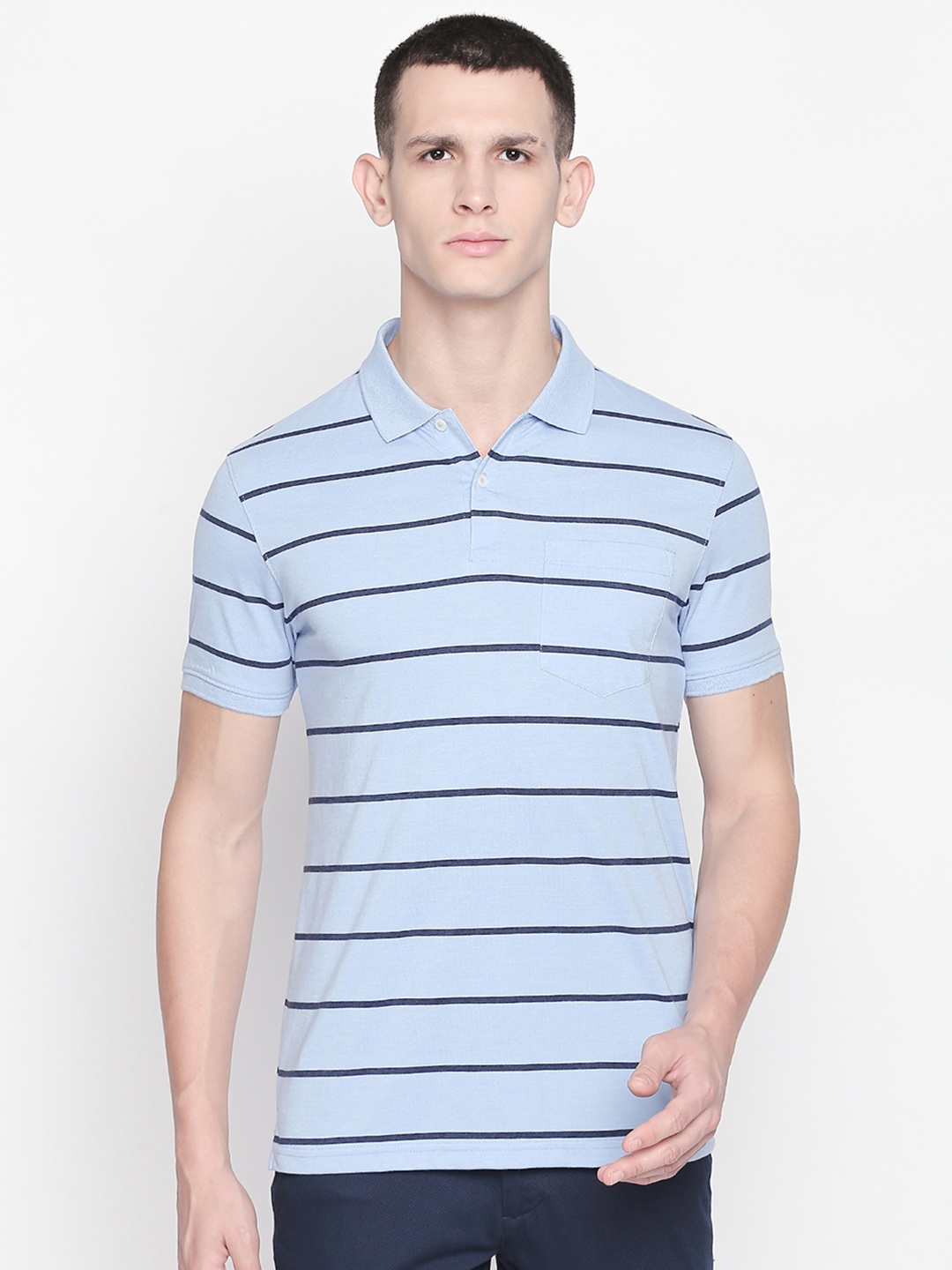 

BYFORD by Pantaloons Men Blue Striped Polo Collar T-shirt