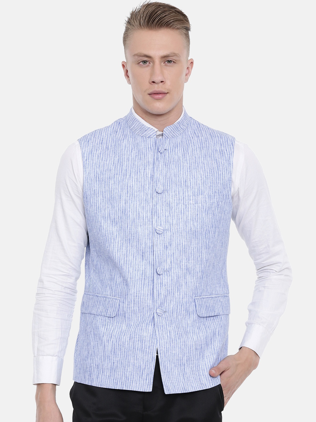 

Van Heusen Men Blue Self-Design Slim Fit Nehru Jacket