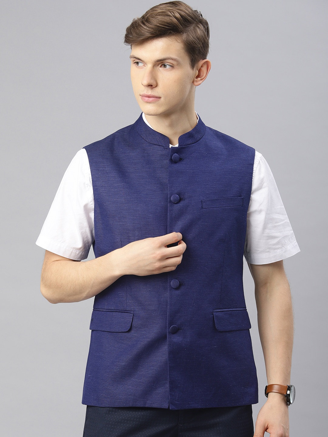 

Van Heusen Men Blue Slim Fit Solid Nehru Jacket