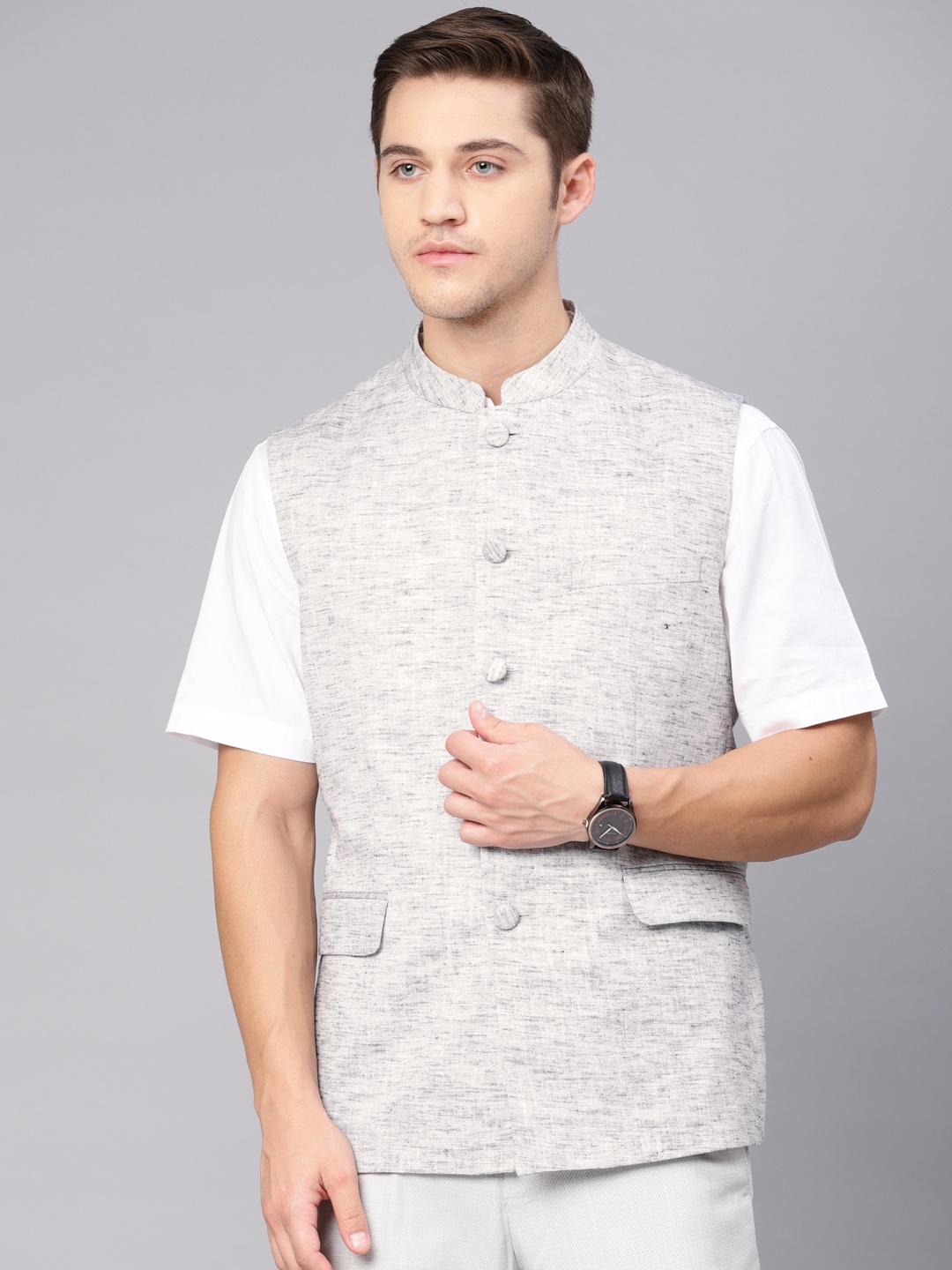 

Van Heusen Men Grey Melange Slim Fit Self Design Nehru Jacket