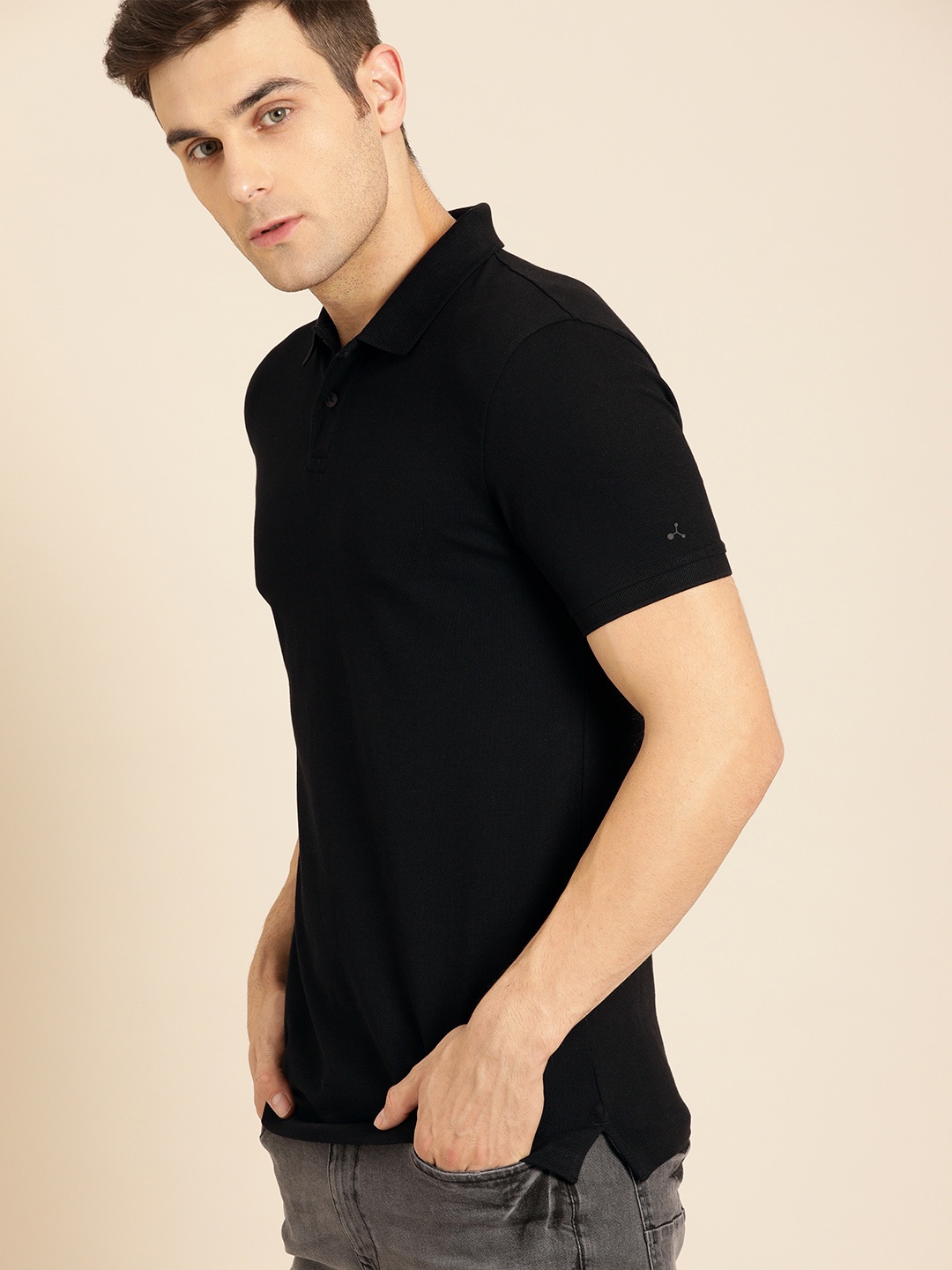 

ether Men Black Solid Hi-IQ Polo T-shirt