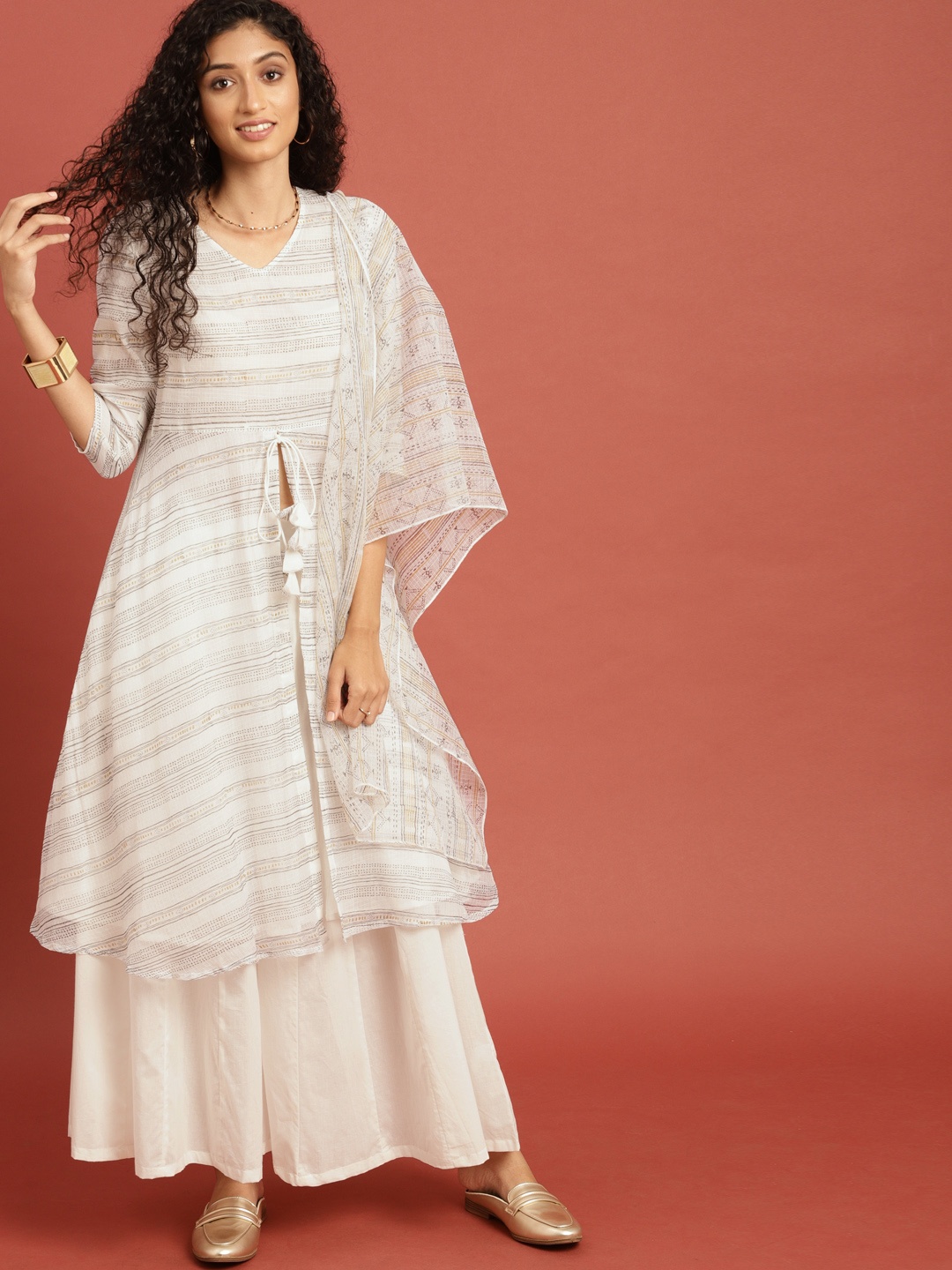 

Taavi Women White & Black Yellow Hand Block Print Legacy Kurta with Palazzo & Dupatta