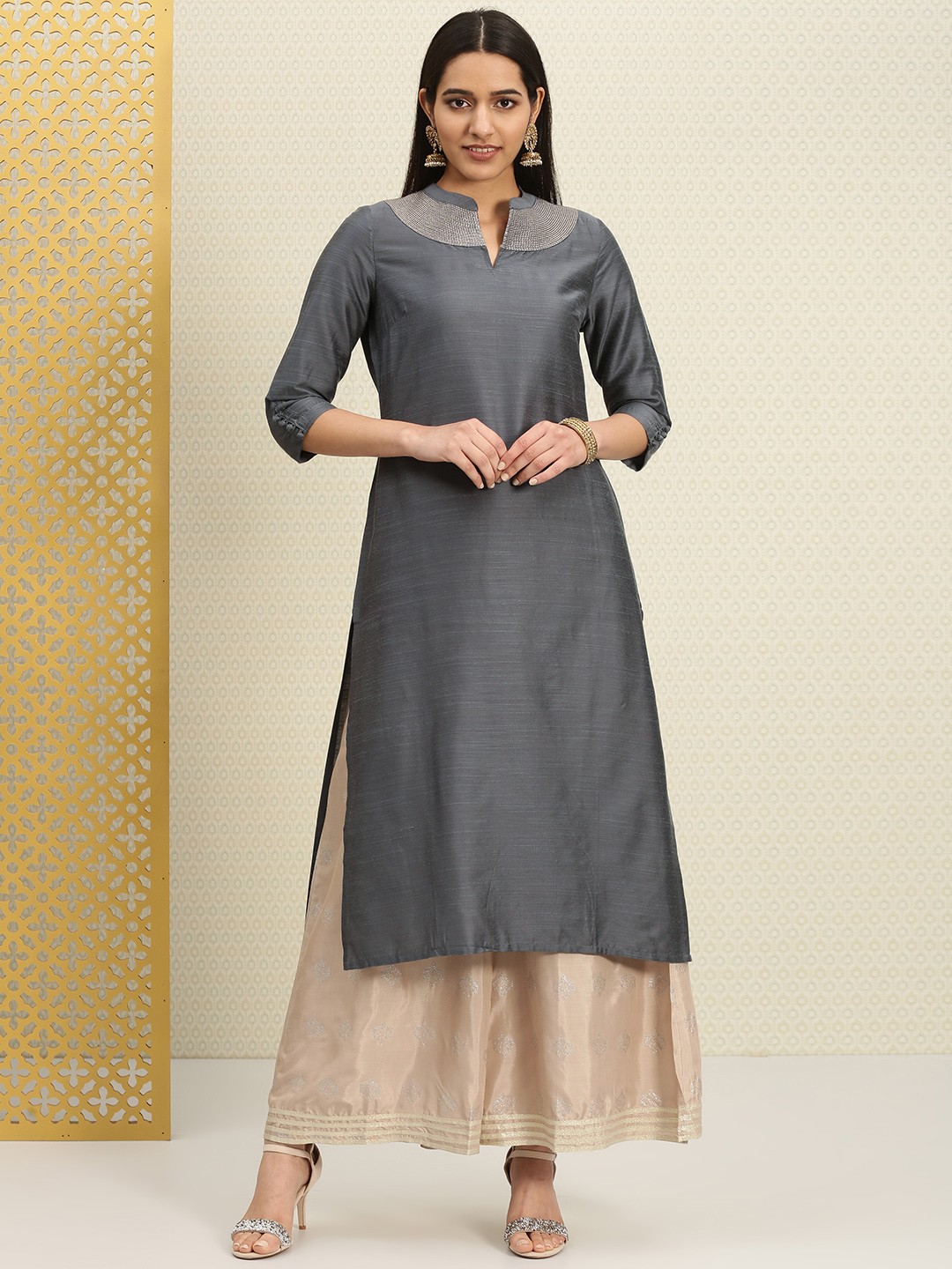 

House of Pataudi Women Grey Solid A-Line Kurta