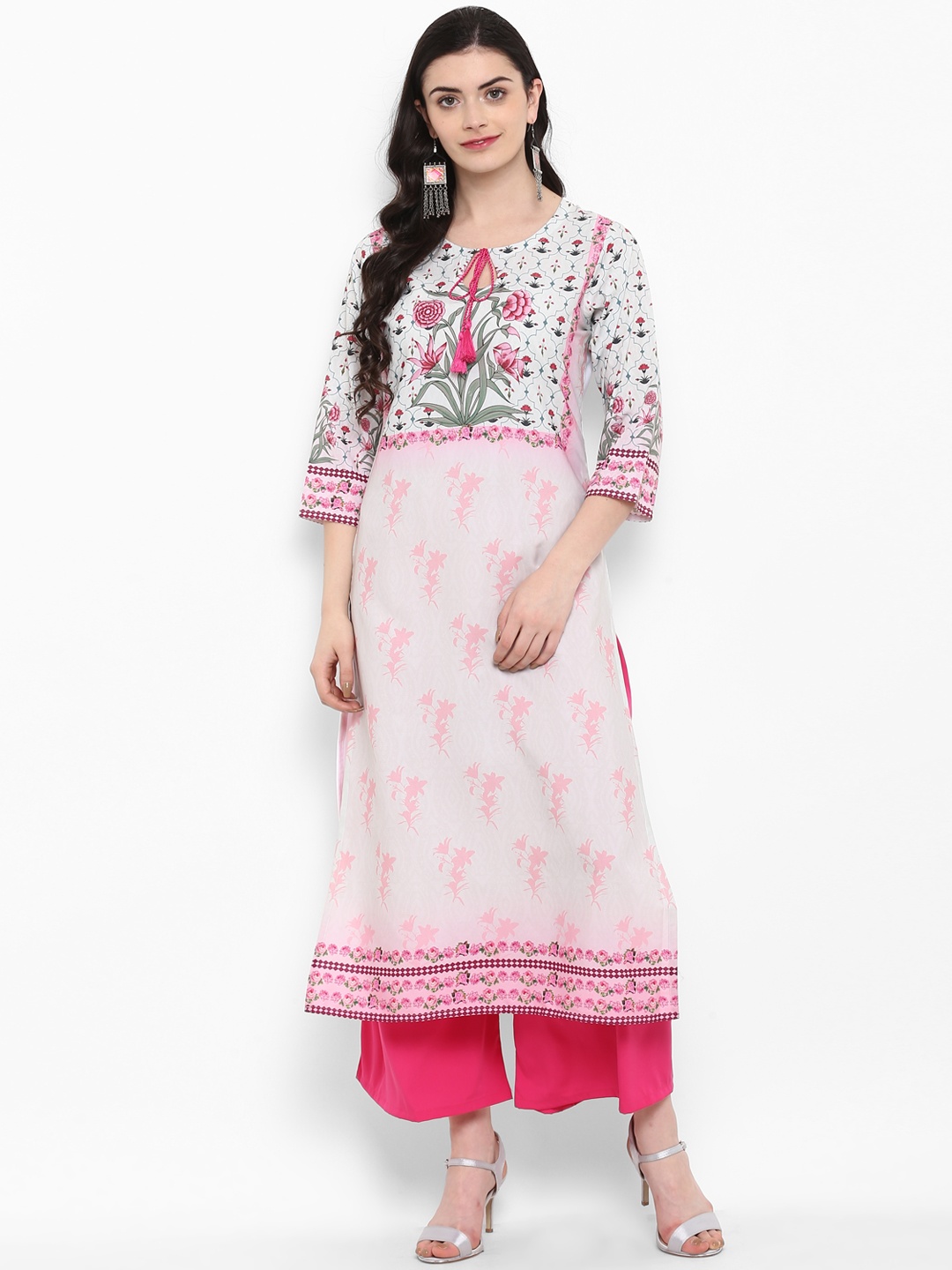 

ZIYAA Women White & Pink Floral Printed Straight Kurta