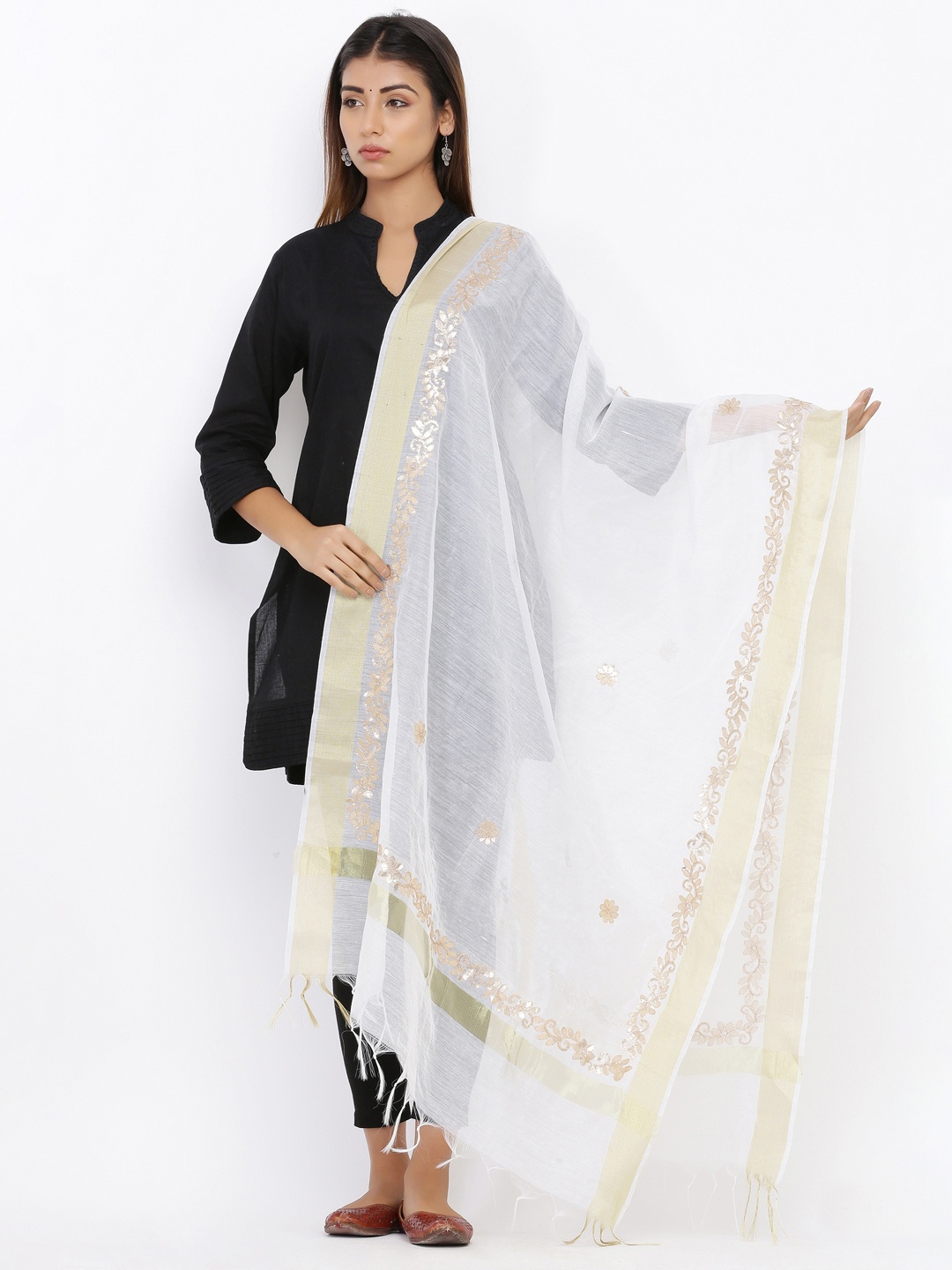 

SOUNDARYA White Gotta Patti Hand-Work Embroidered Dupatta