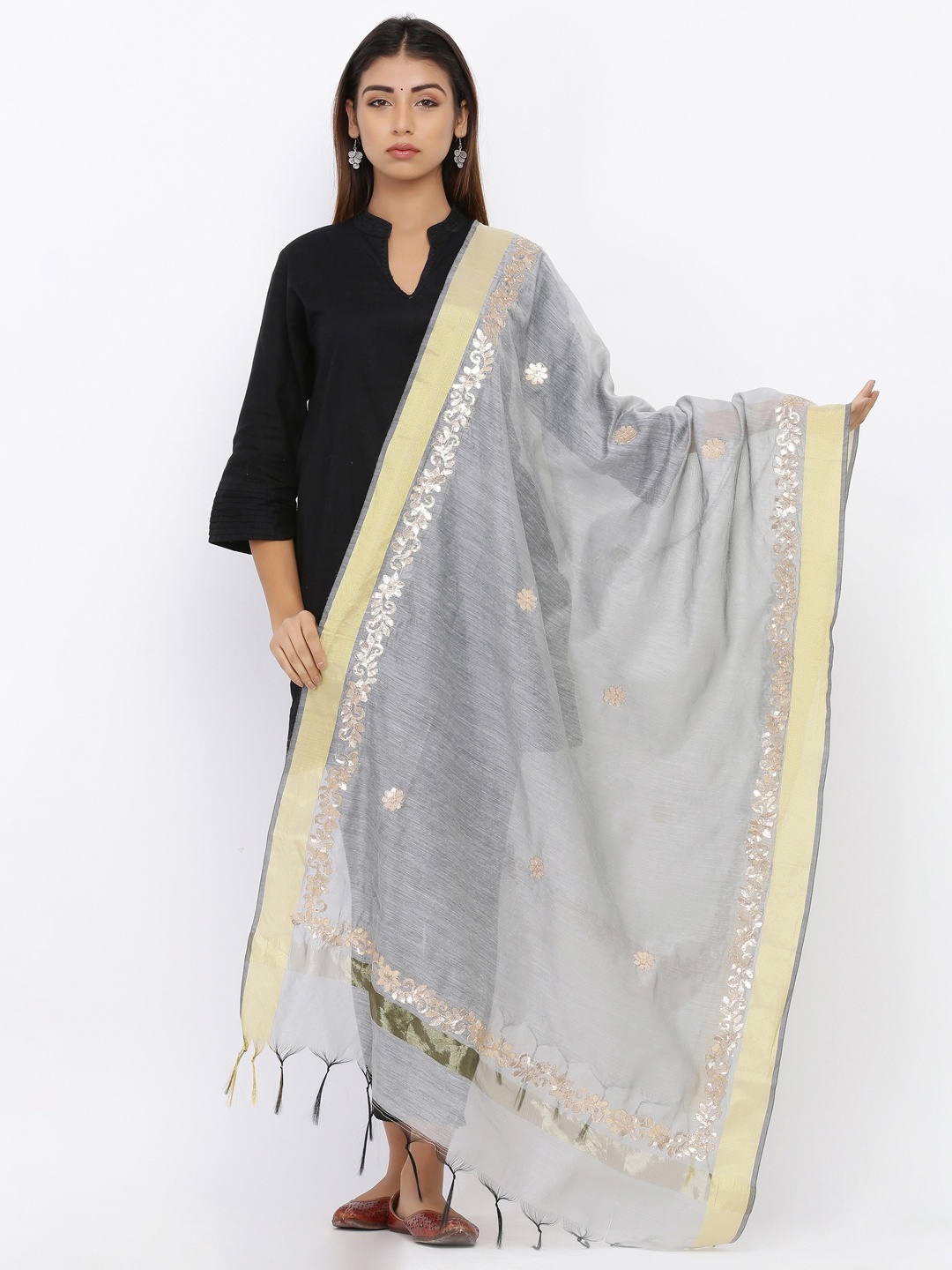 

SOUNDARYA Grey & Golden Hand Embroidered Dupatta