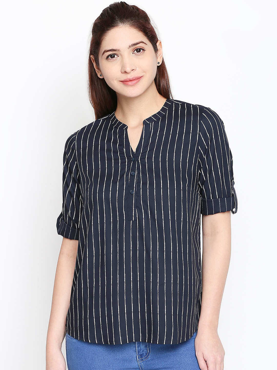 

Honey by Pantaloons Women Blue Striped Shirt Style Top