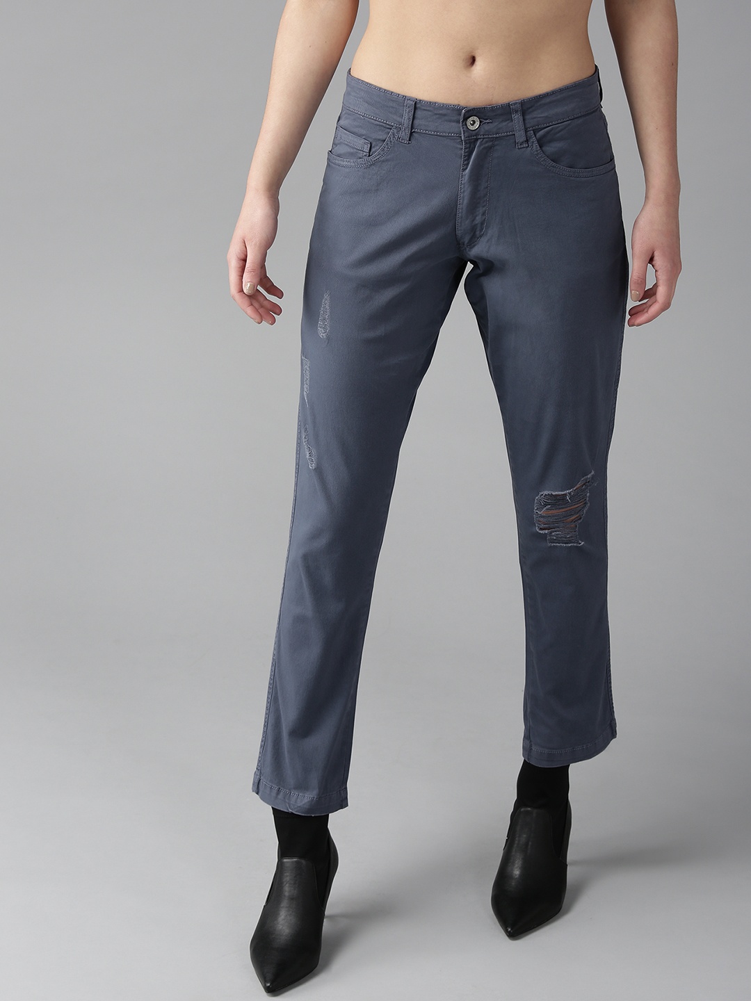 

The Roadster Lifestyle Co Women Blue Regular Fit Solid Low Distressed Trousers
