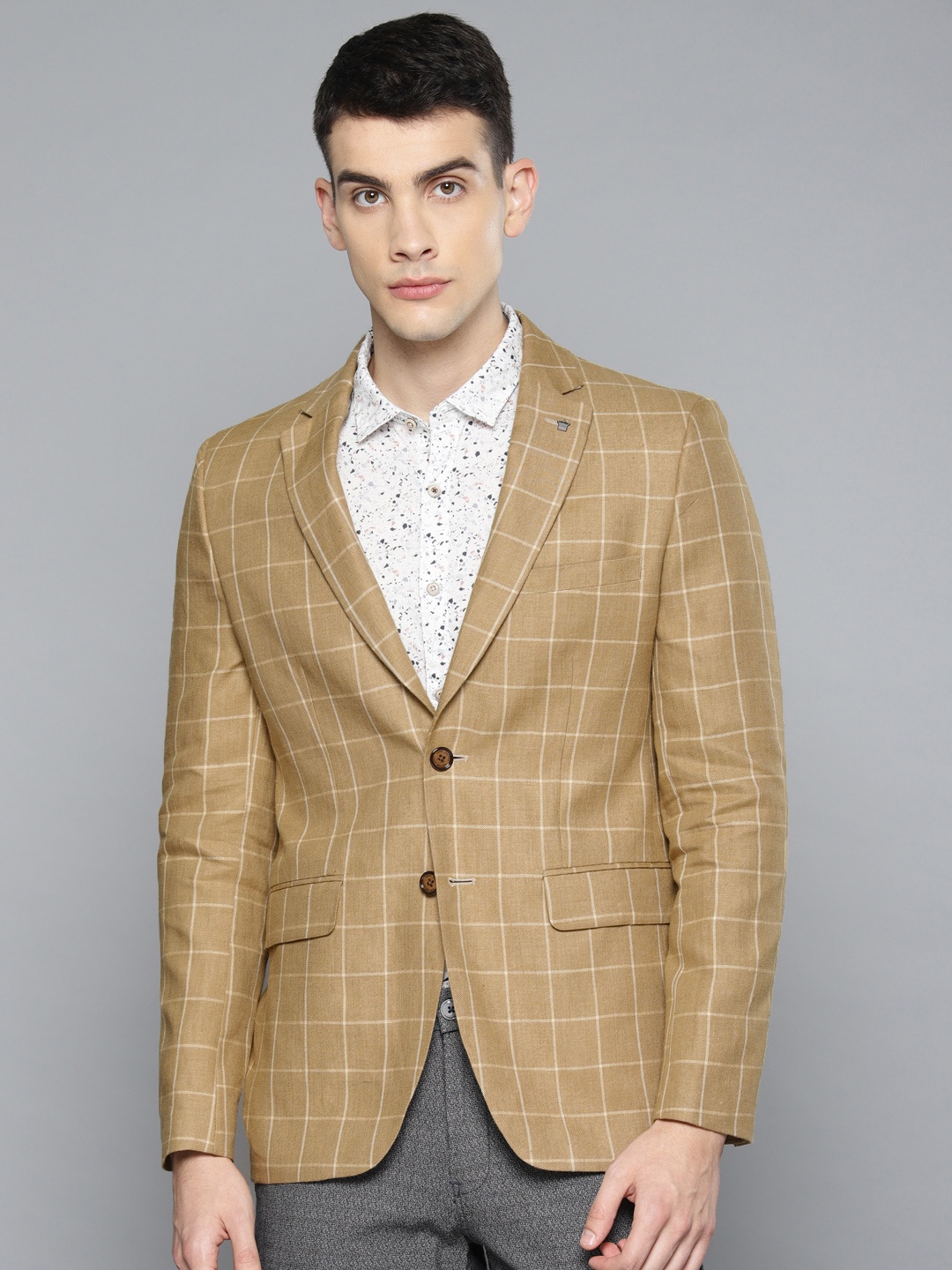 

Louis Philippe Men Khakhi Checked Slim Fit Single Breasted Linen Formal Blazer, Khaki