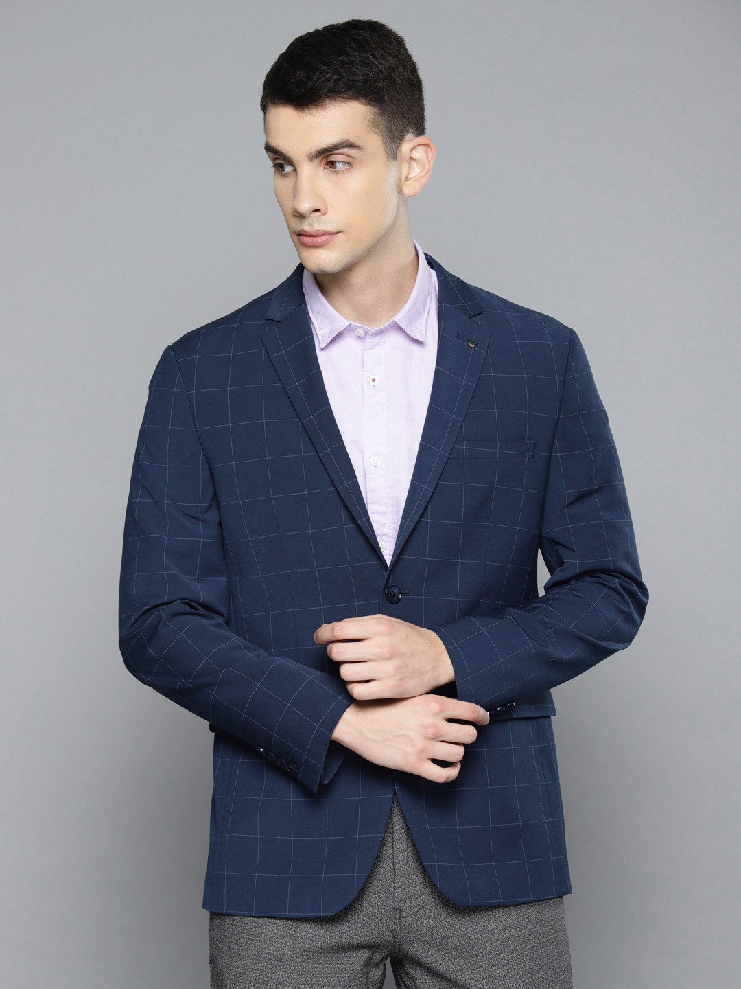 

Louis Philippe Permapress Men Blue Checked Slim Fit Single Breasted Finest Wrinkle Free Formal Blazer