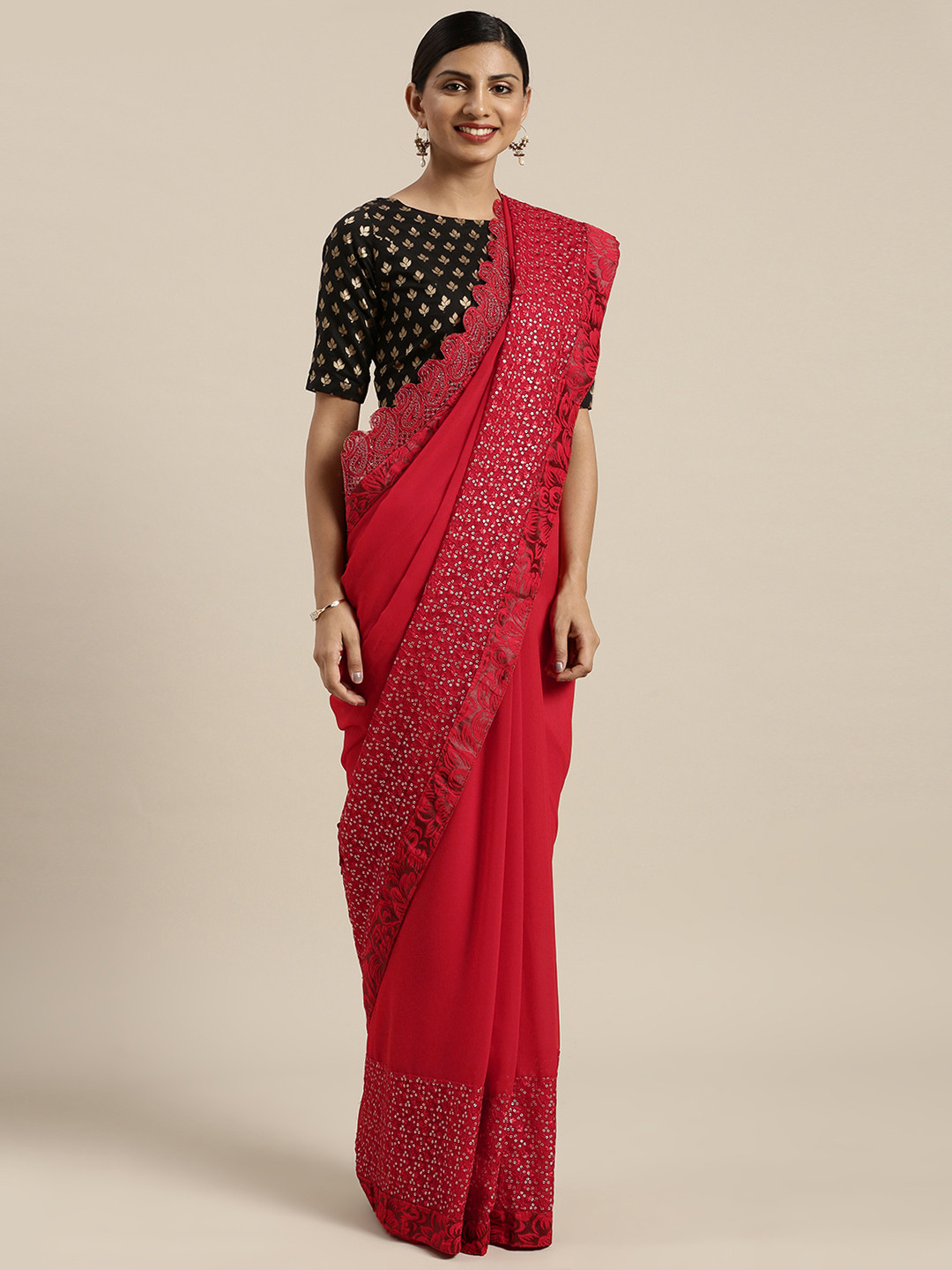 

Kalista Red Embroidered Poly Georgette Saree