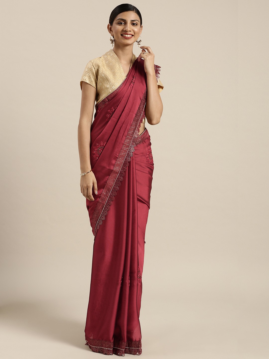 

Kalista Women Maroon Embroidered Poly Georgette Saree