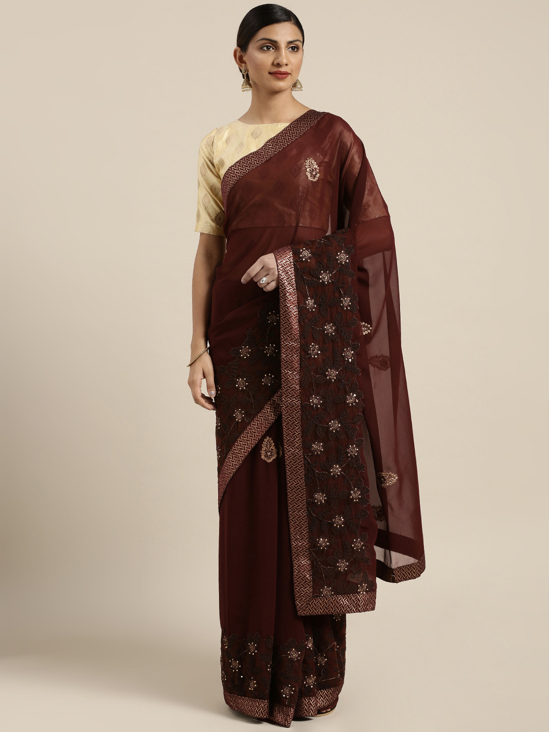 

Kalista Brown Embroidered Poly Georgette Saree