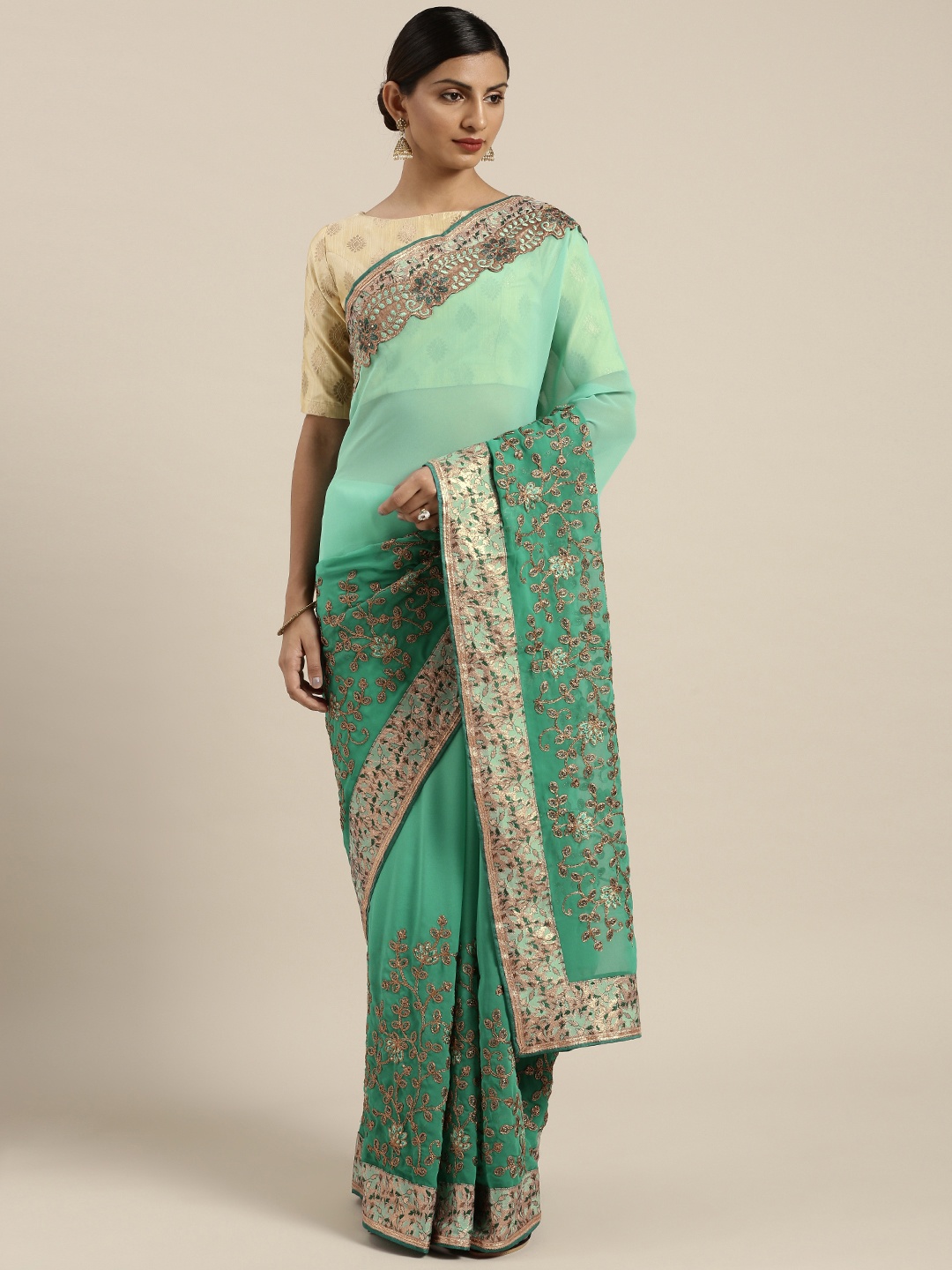 

Kalista Green Embroidered Poly Georgette Saree