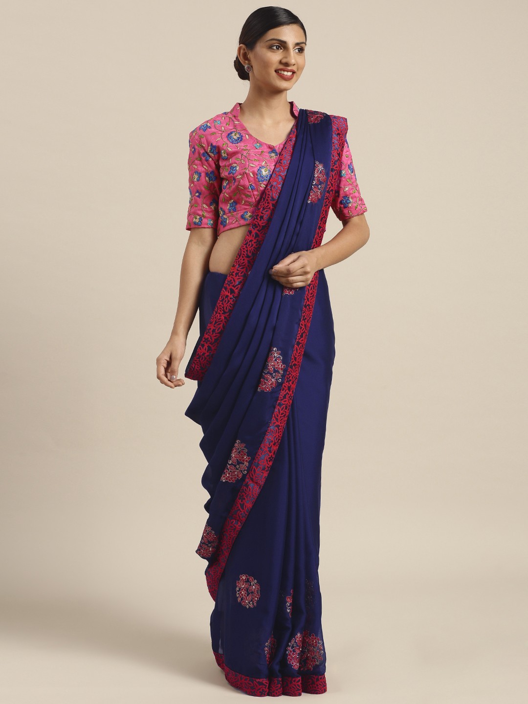 

Kalista Navy Blue Embroidered Poly Georgette Saree