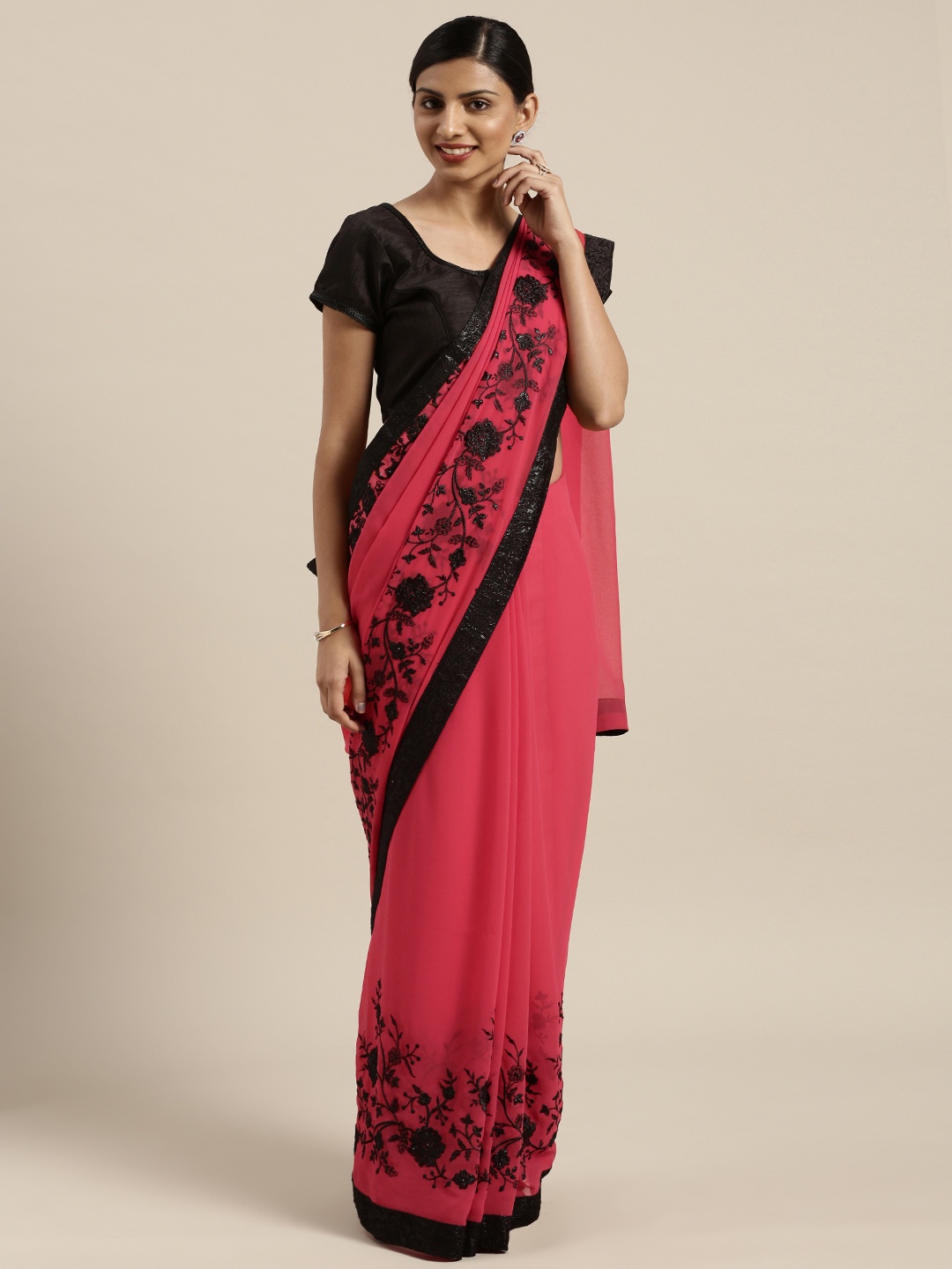

Kalista Pink Embroidered Poly Georgette Saree