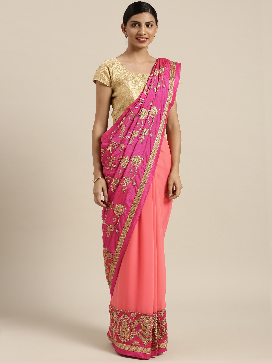 

Kalista Pink Embroidered Poly Georgette Saree