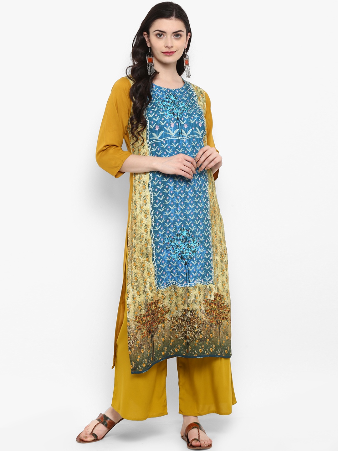 

ZIYAA Women Mustard & Blue Printed Straight Kurta