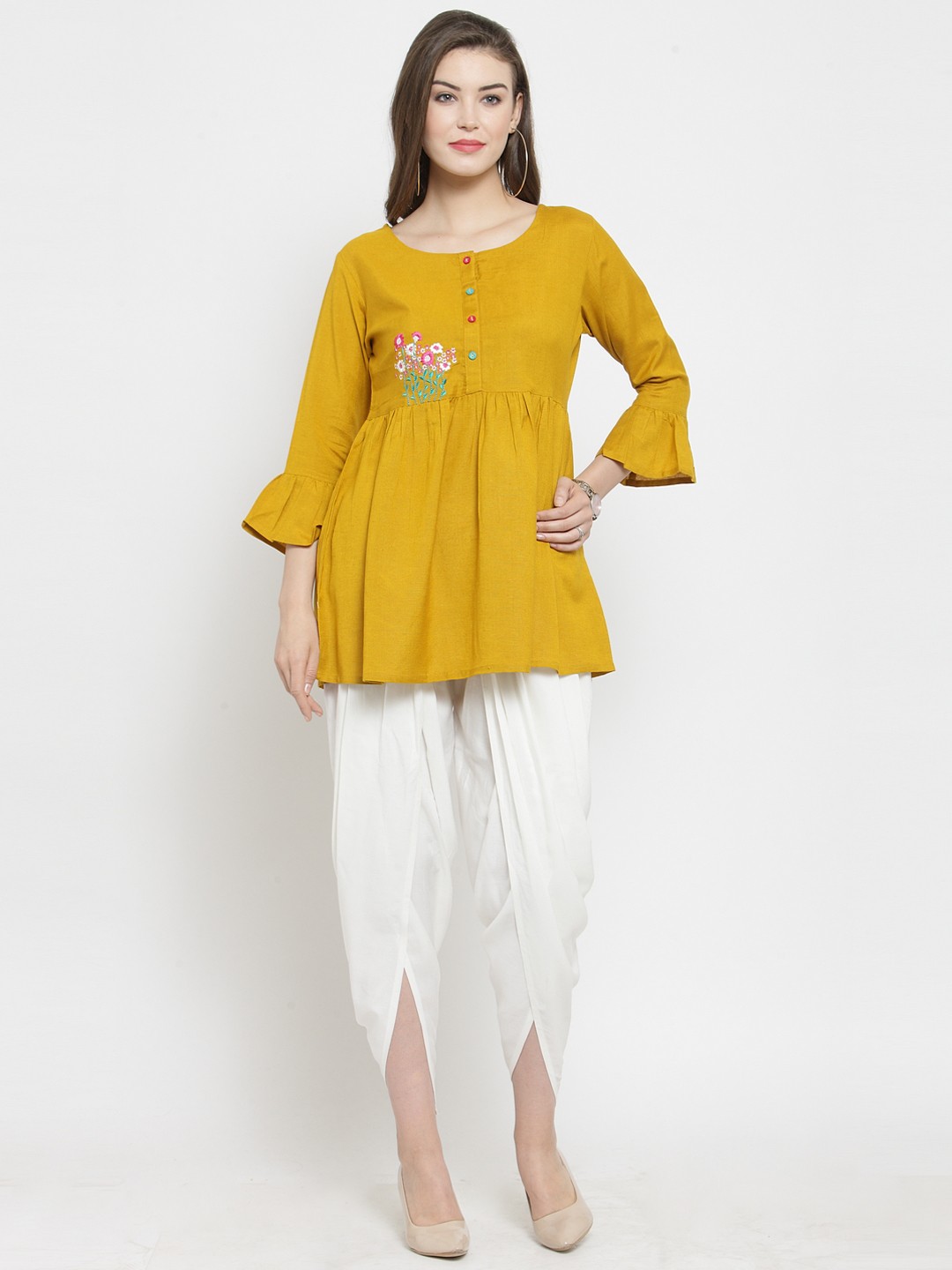 

Varanga Women Yellow & White Solid Tunic with Dhoti Pants