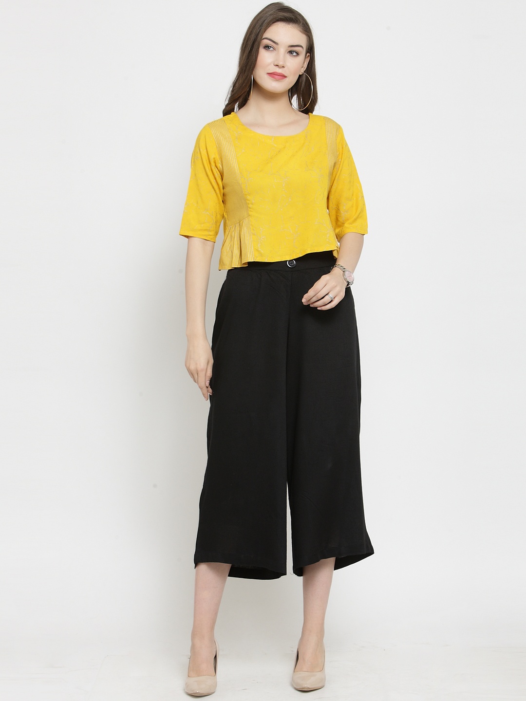 

Varanga Women Yellow & Black Printed Top with Trousers