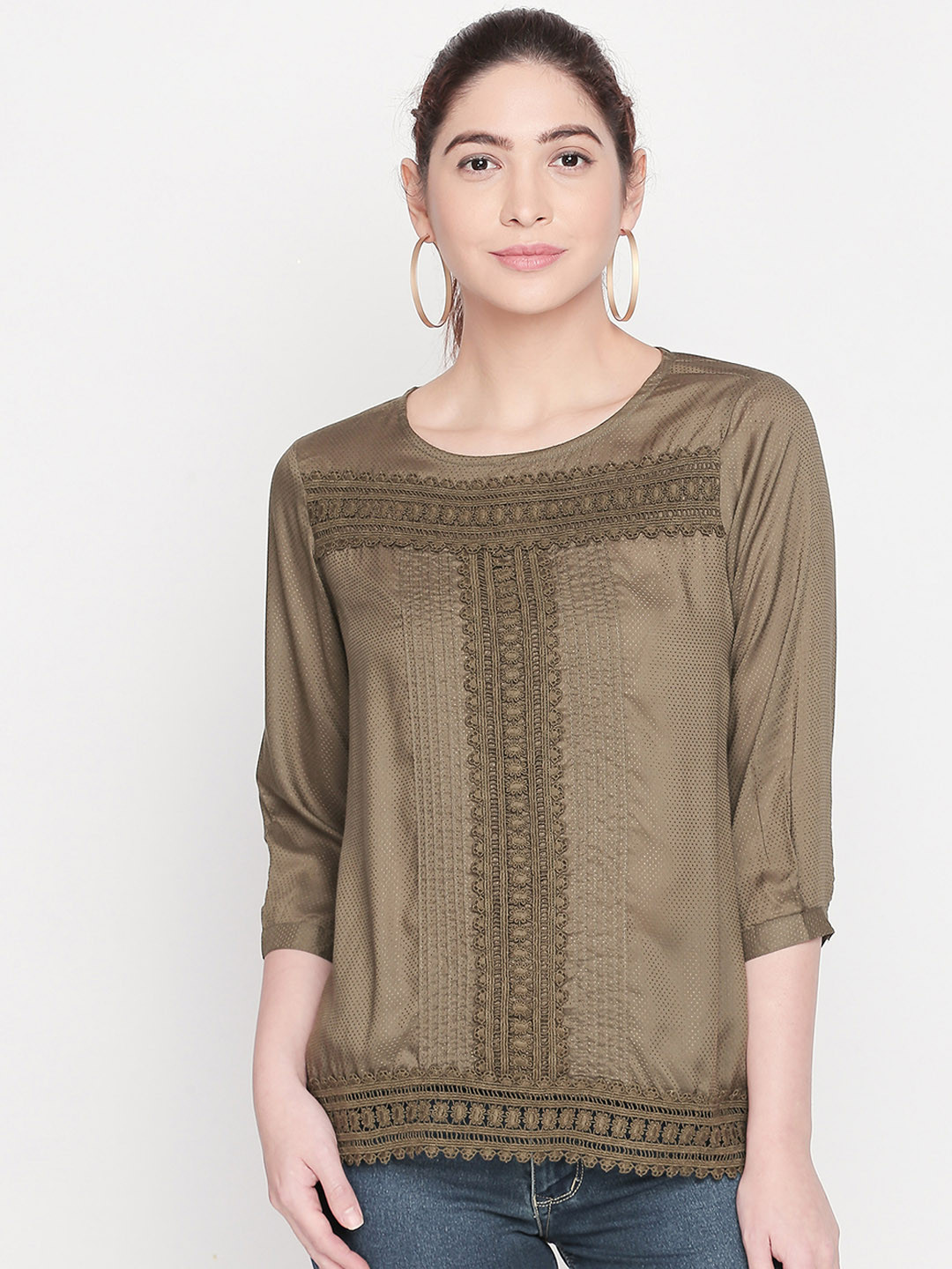 

Honey by Pantaloons Women Olive Brown Self Design Top