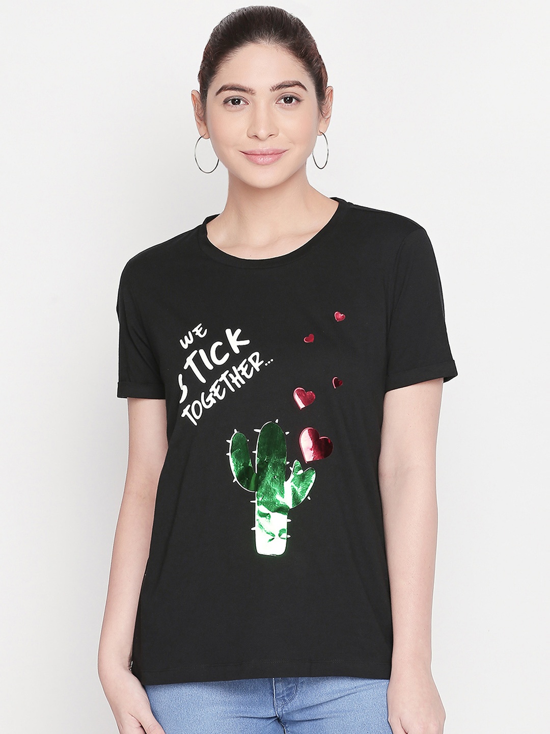 

Honey by Pantaloons Women Black Printed Pure Cotton Top