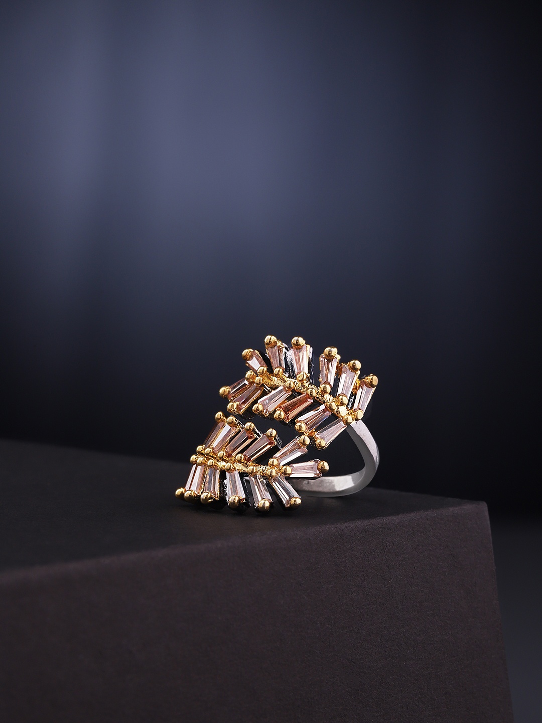 

Priyaasi Silver-Plated & Gold-Toned CZ Studded Leaf Shaped Adjustable Ring