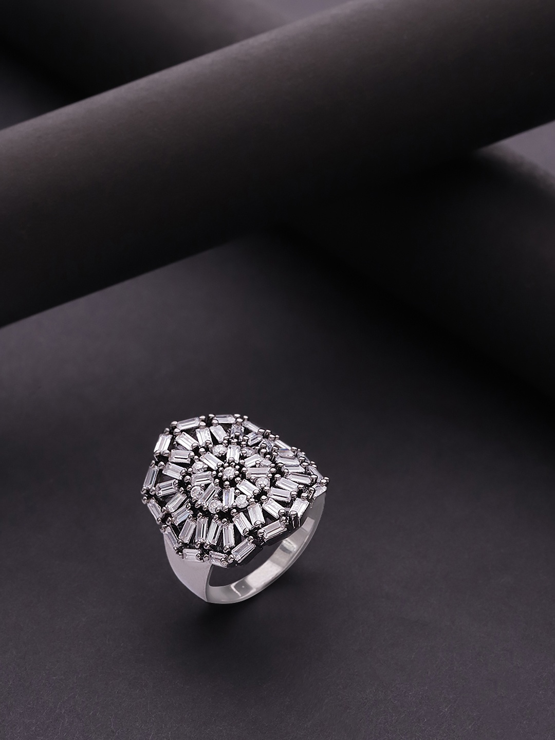 

Priyaasi Silver-Plated AD & CZ Studded Off White Floral Shaped Ring