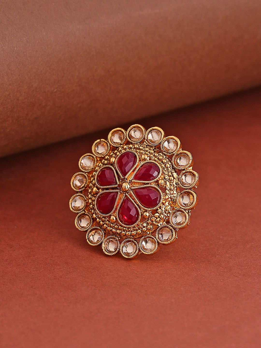 

Priyaasi Pink Gold-Plated Kundan Studded Handcrafted Adjustable Finger Ring