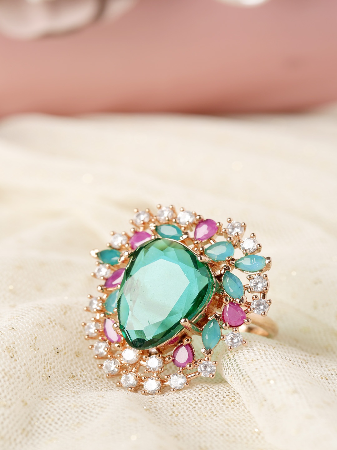 

Priyaasi Green & Pink Rose Gold-Plated AD Studded Handcrafted Finger Ring