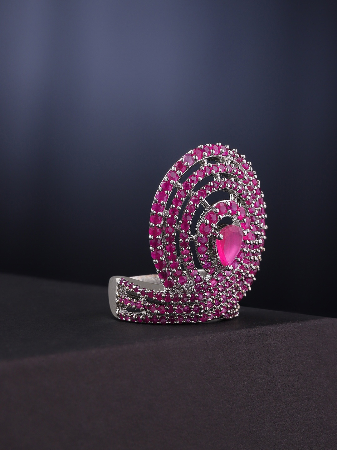 

Priyaasi Silver-Toned & Pink Rhodium Plated Ruby Studded Finger Ring