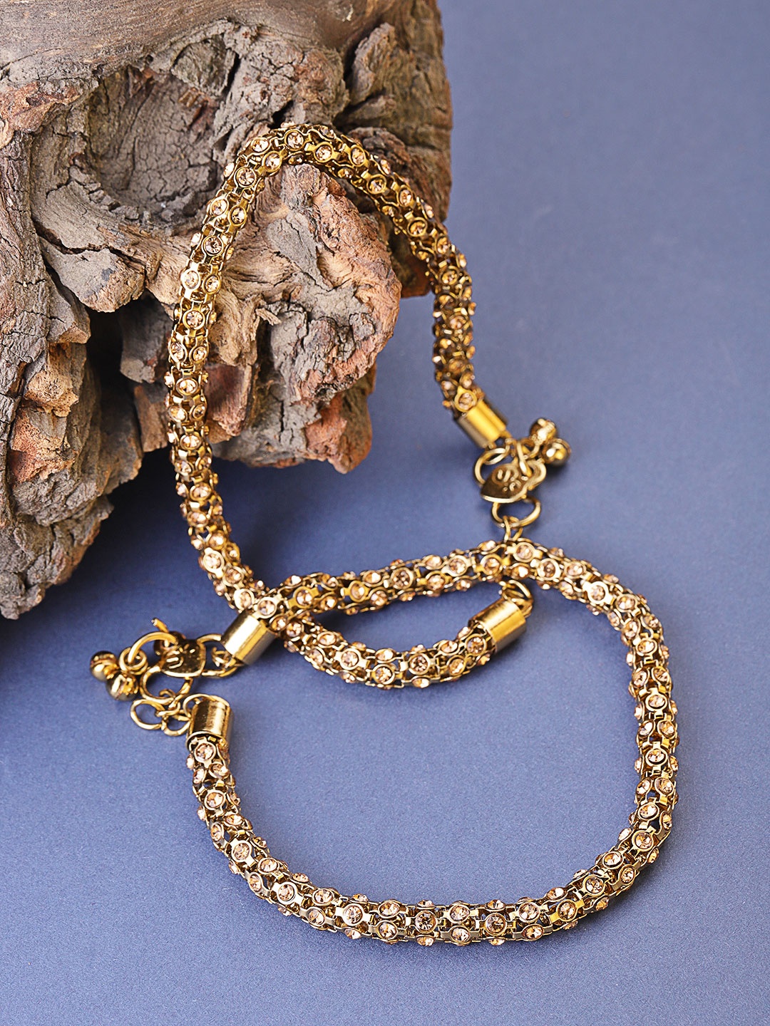 

Priyaasi Set of 2 Antique Gold-Plated Stone-Studded Handcrafted Anklets